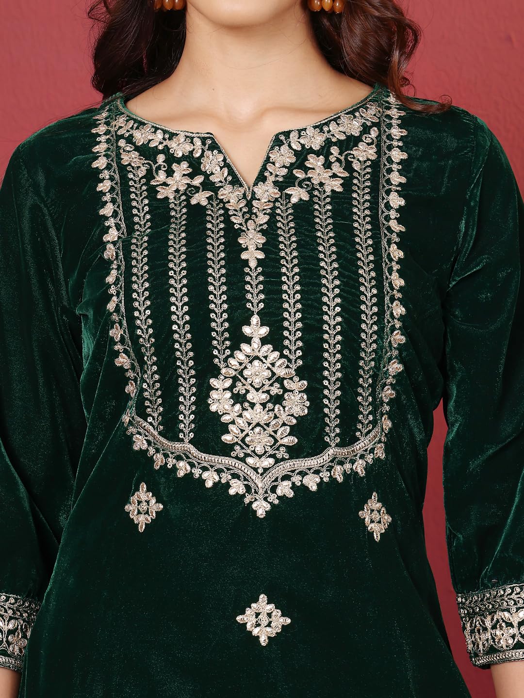 Varanga Women Green Velvet Round Neck Yoke Embroidered Straight Kurta Paired With Tonal Bottom And Embroidered Dupatta With Four Sided Fringes