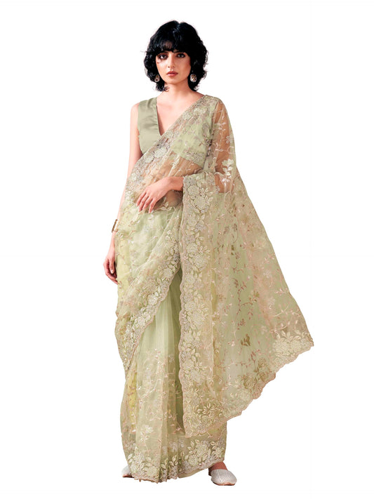 Womanista Women's Women Net Saree ll Women Embroidered saree ll Women Green saree ll Un-stitched blouse saree