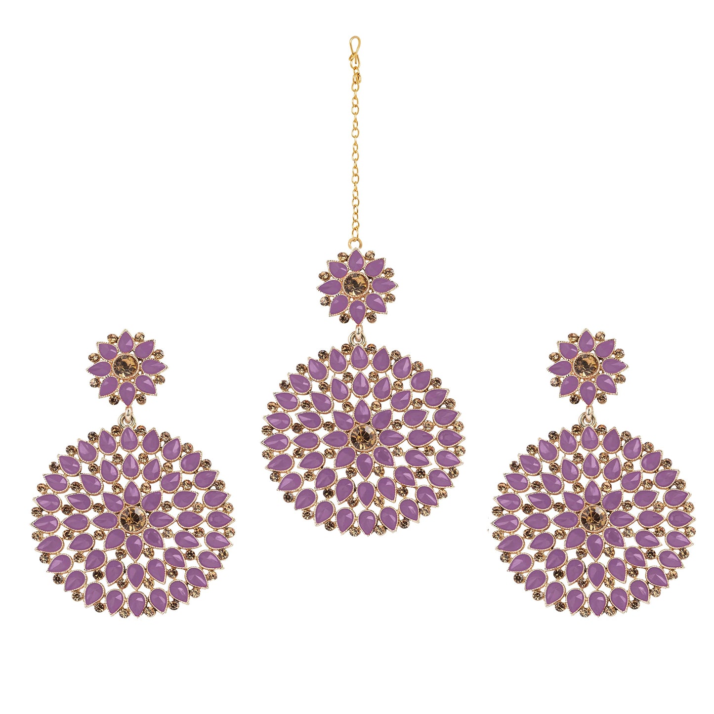 JFL - Jewellery for Less Gold Plated Stone and Diamond Studded Maang Tikka with Dangler Earrings for Women and Girls.(Lavender)