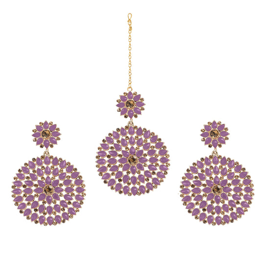 JFL - Jewellery for Less Gold Plated Stone and Diamond Studded Maang Tikka with Dangler Earrings for Women and Girls.(Lavender)