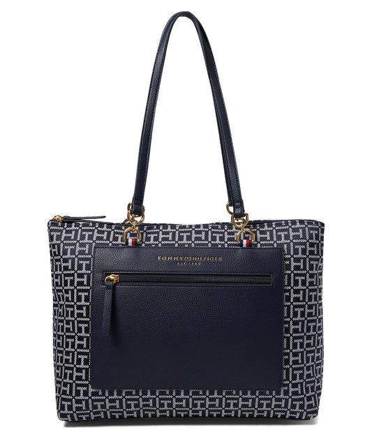 Tommy Hilfiger Amelia II Tote-Square Monogram Jacquard, Navy/White, One Size
