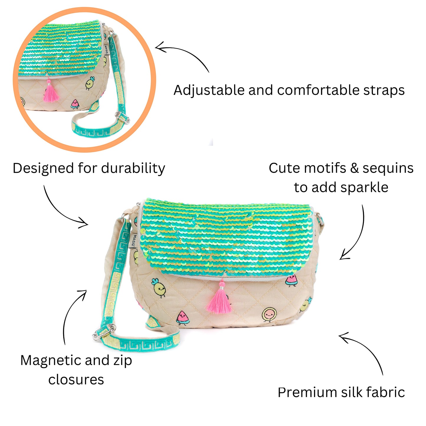 MASQ Little Girls Party Sling Bag, sequin-embellished, embroidered, sparkling with soft crossbody strap, cute and stylish for casual or gifting, Blue, Pink, Green, Multicolour