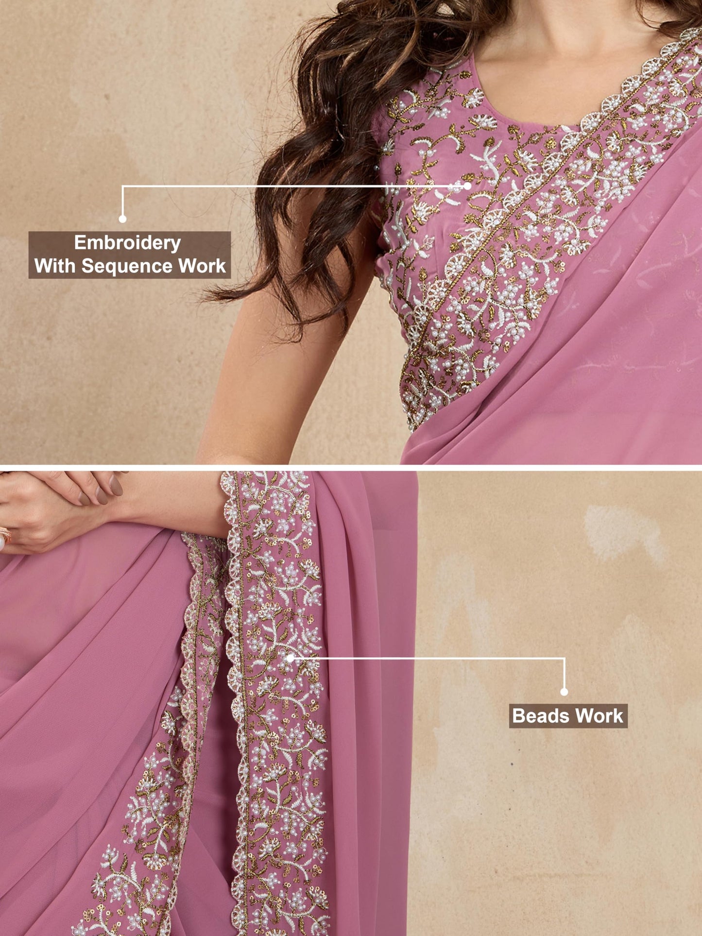 TRENDMALLS Women's Georgette Embroidery Sequin Work Saree with Unstitch Blouse Piece (K1001-Pink-)