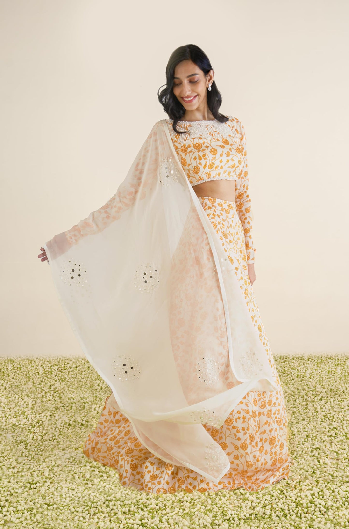 essaySumedha Agrawal Organza Satin Organza Santoon Lehenga Set for Women (Size: 6XL, Ivory & Orange)