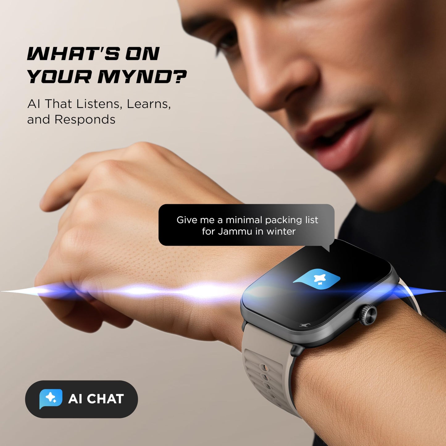 Fastrack MYND 1.93” AMOLED Display Smartwatch for Men & Women with AI Watch Faces,AI Chat,Offline Voice Commands,Curved Metallic Design,Functional Crown,BT Calling, Health Suite,100+ Multisport Modes