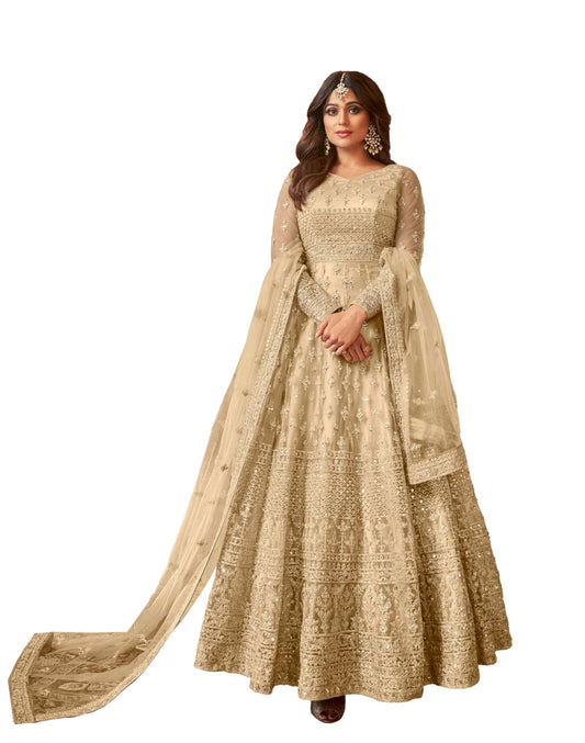 Divine International Trading Co Women's Net With Heavy Embroidery Work Long Anarkali Gown Salwar Suit Dupatta (Unstitched_SanjanaO-8396-Cream)