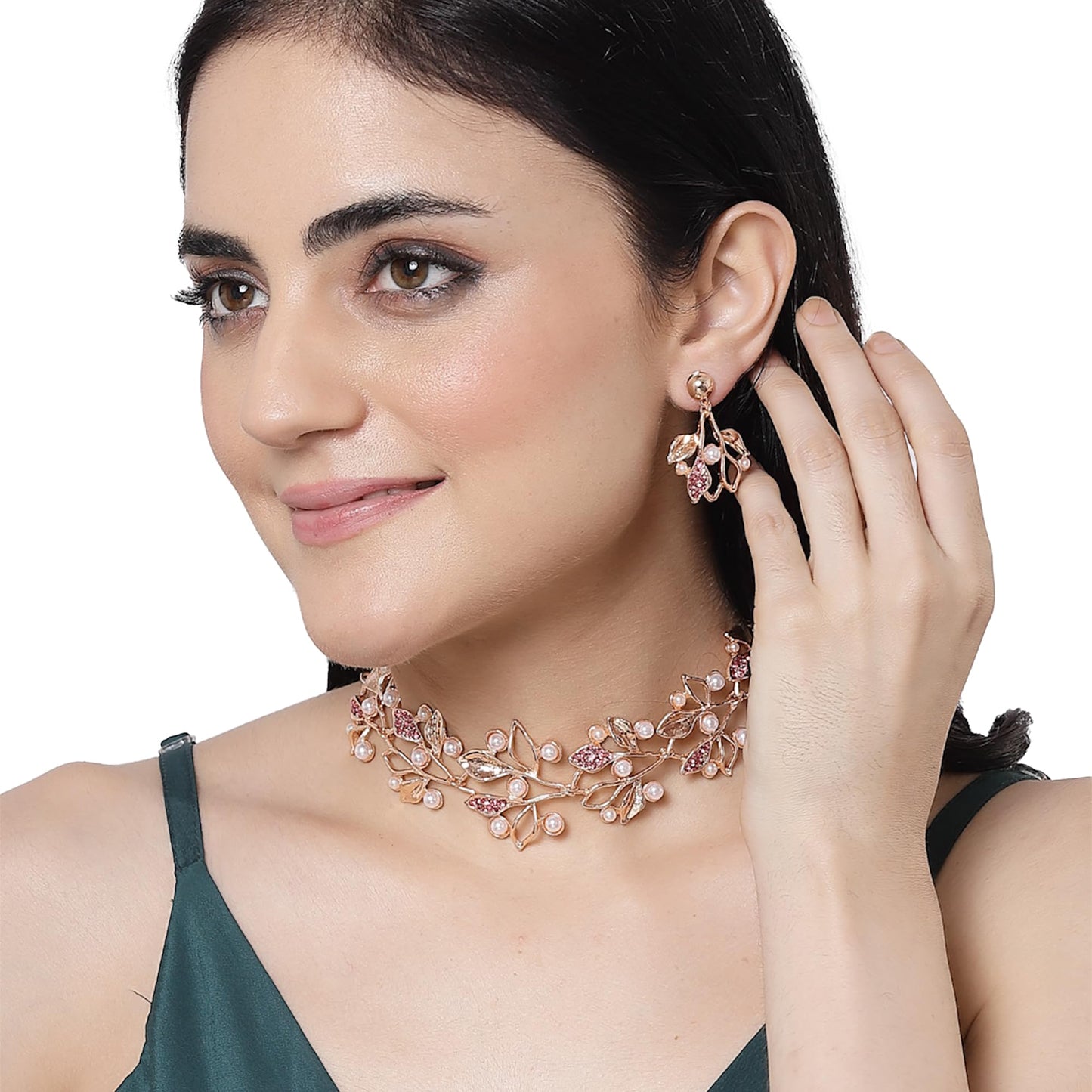 ZENEME Oxidised Silver-Plated Cubic Zirconia & White Pearls Studded Leaf Shaped Necklace With Earrings Jewellery Set For Girls and Women (Rose Gold pink)