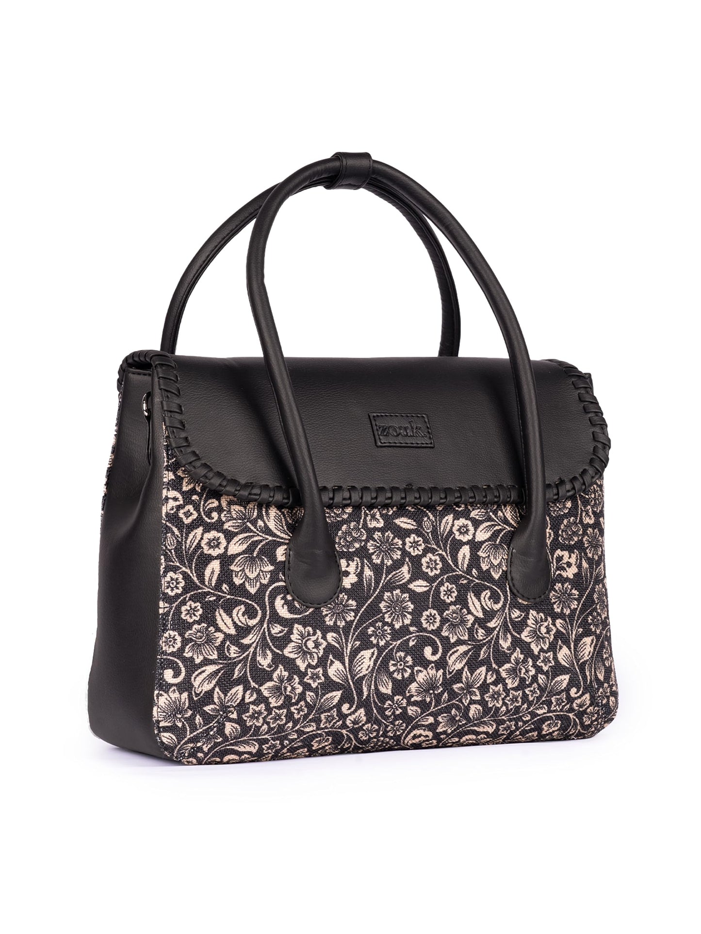 ZOUK Flomotif Floral Printed Jute Handcrafted Vegan Leather Black Women's Satchel Bag | Ladies Purse Handbag | Double Handle Detachable Strap