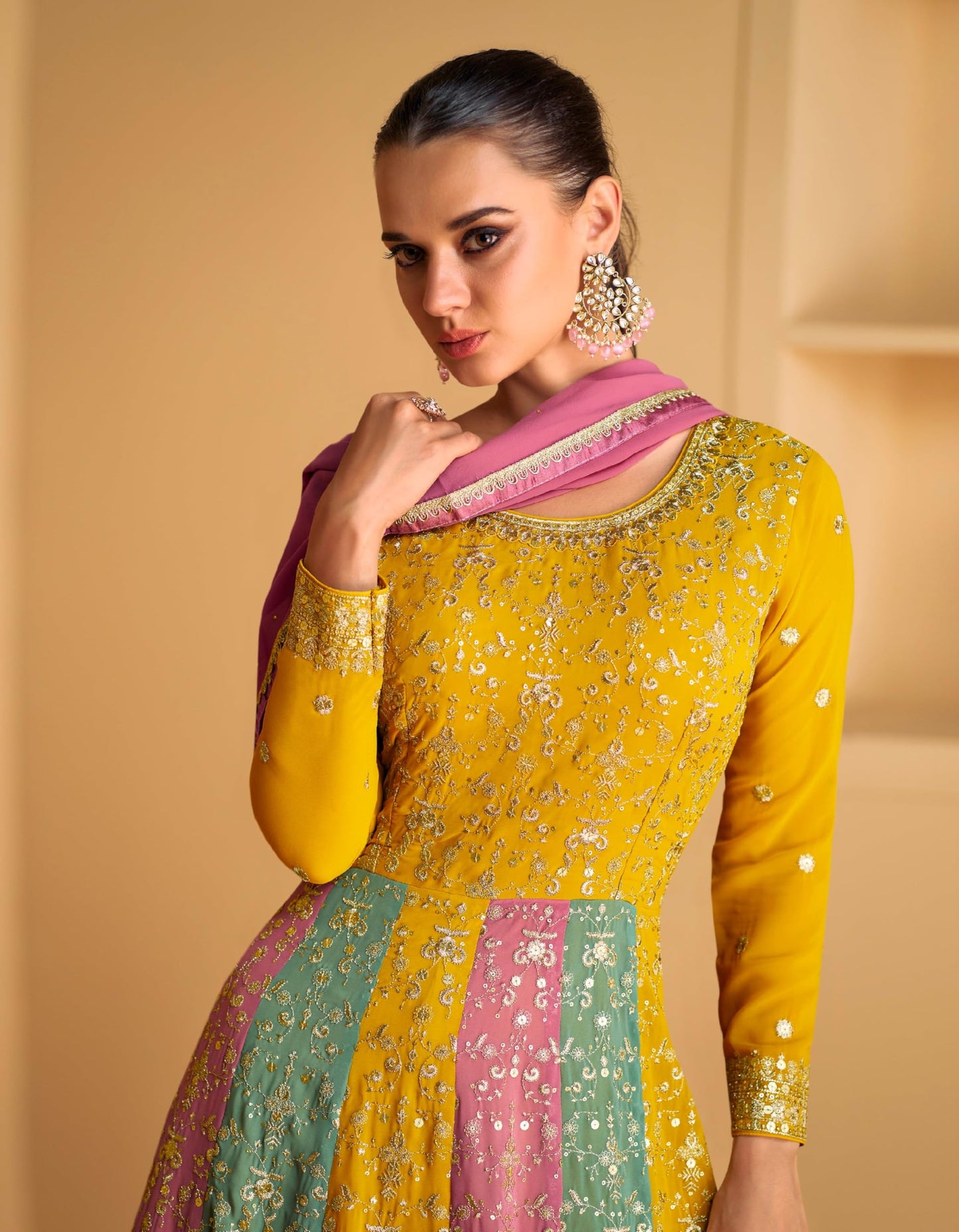 Miss Ethnik Women's Yellow Faux Georgette Stitched Top With Dupatta Full Sleeve Embroidered Anarkali Gown (ME-1183-Yellow-XL)