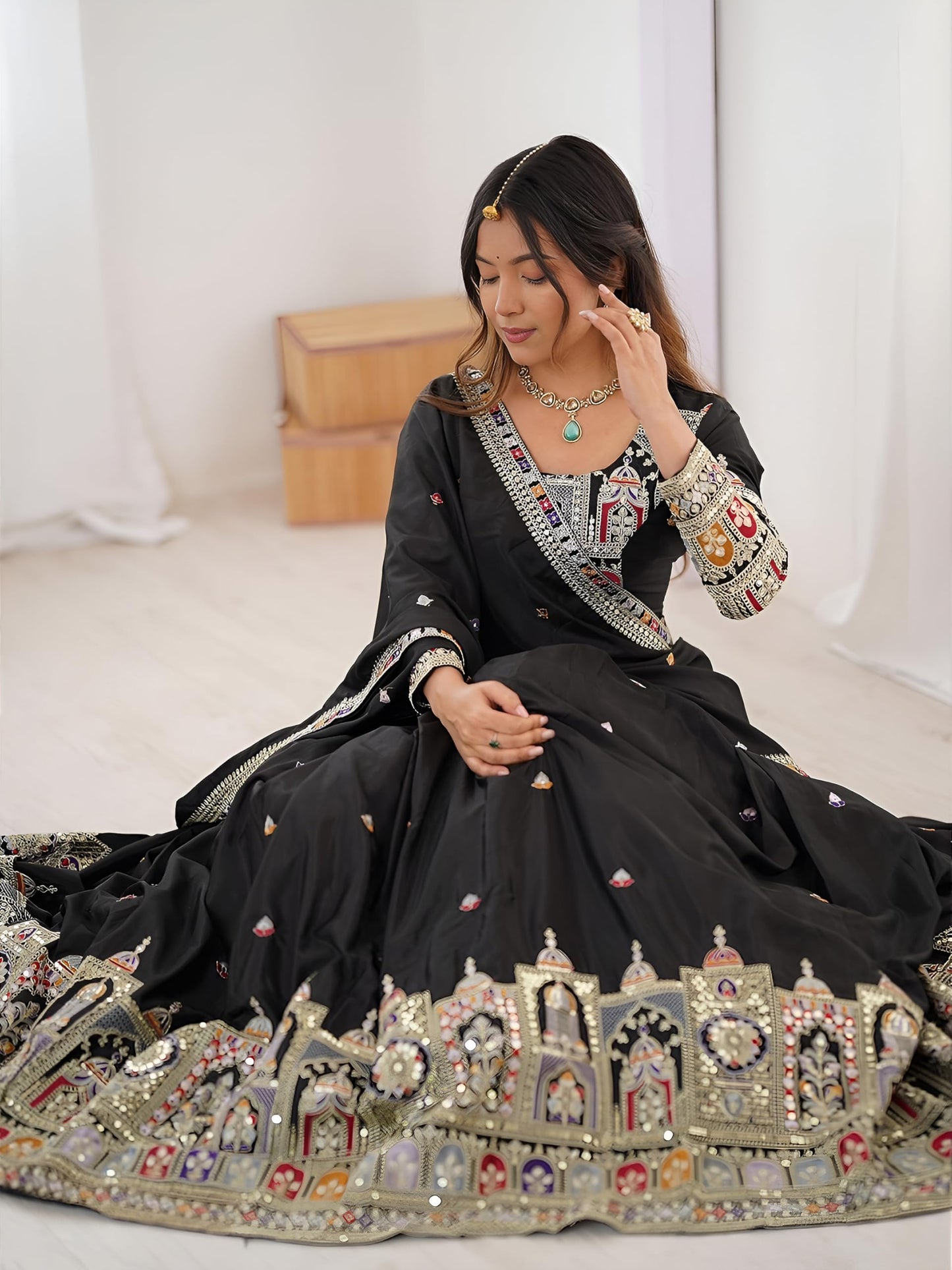 Zeel Clothing Women's Sequins Thread Embroidered French Crepe Lehenga Choli With Dupatta (5118-Black-Women-Lehenga-Choli-Latest; Free size) (Black)