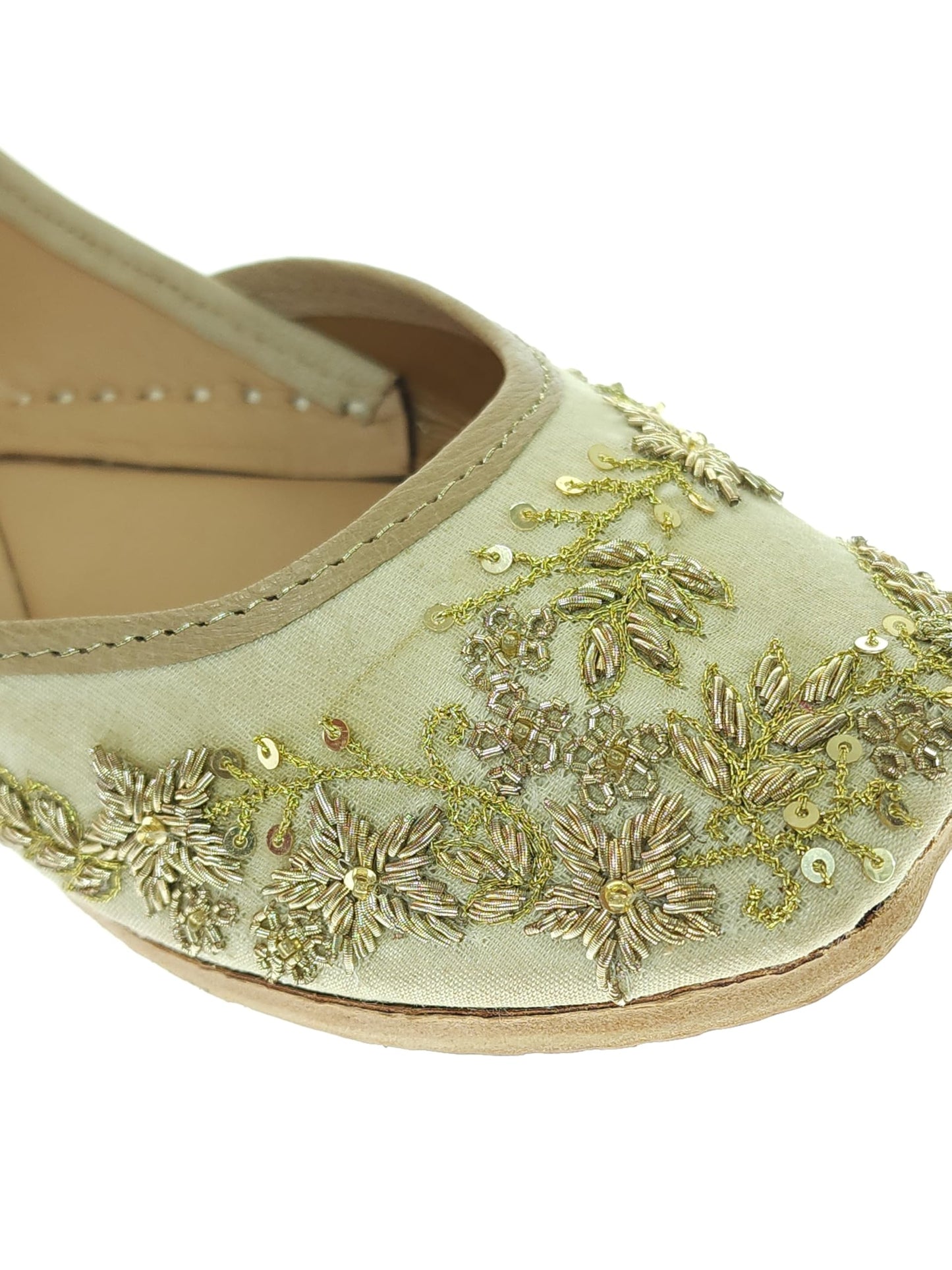 Fulkari Women's Paradise Beige Gold Soft Leather Embroidered Jutis | Bite and Pinch Free Jutti | Punjabi Formal Juttis | Girl's Wedding Flat Ladies Mojari | Formal Ethnic Juti | 42