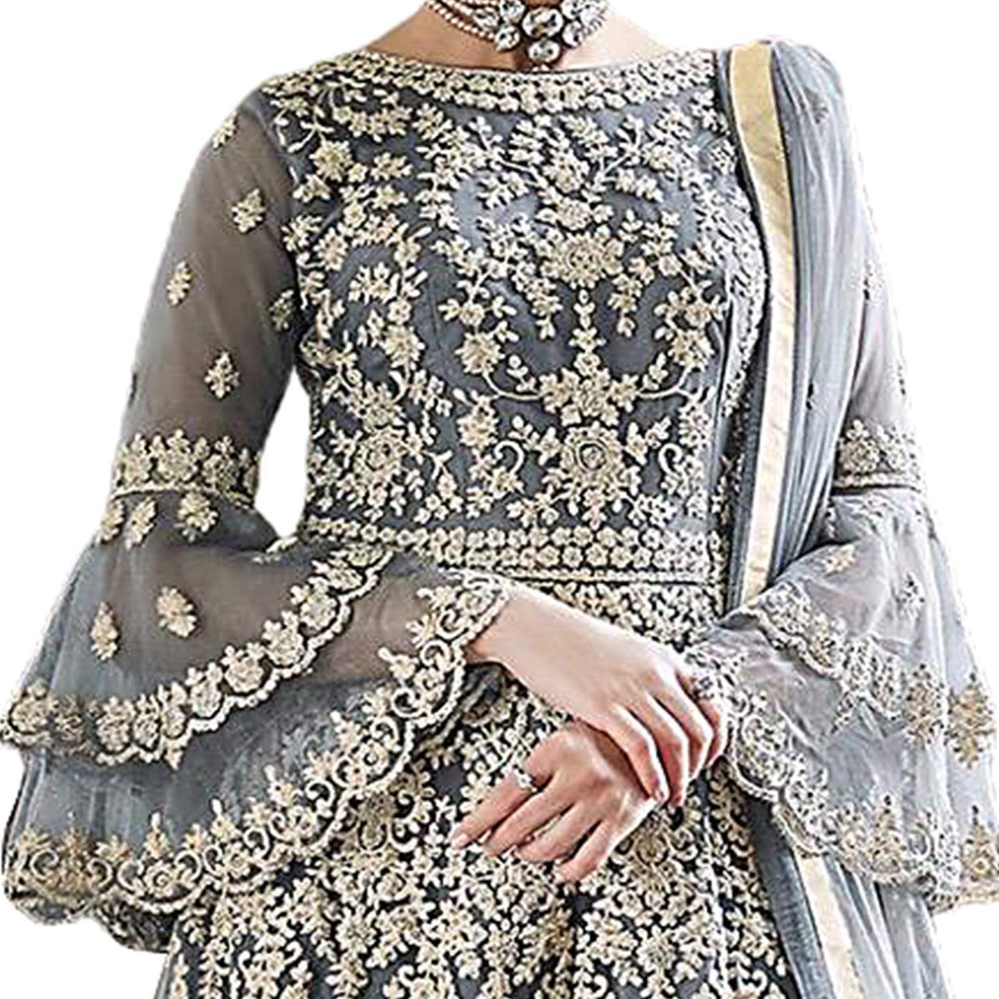 Miss Ethnik Women's Grey Semi Stitched Belly Sleeves Knee Long Gown With Palazzo And Net Duppata Free Size