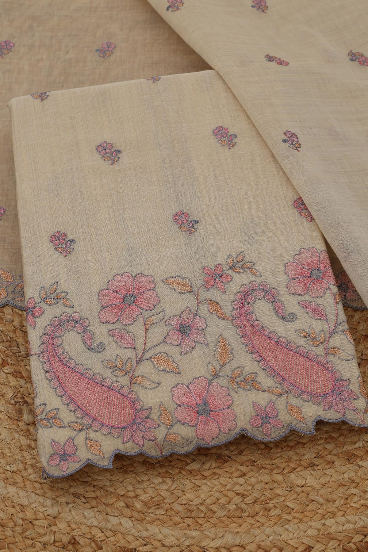 Soch Womens Beige Mul Chanderi Floral Dress Material With Thread Work
