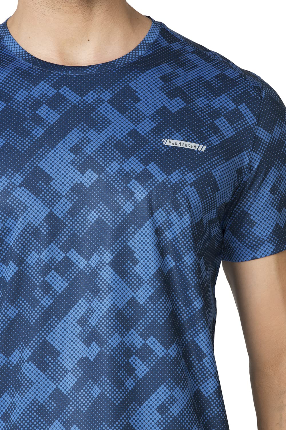 Van Heusen Performance Men T-Shirt - 100% Polyester Interlock - Swift Dry, Crew Neck, Short Sleeve, Allover Print_61008_Limoges Blue_L