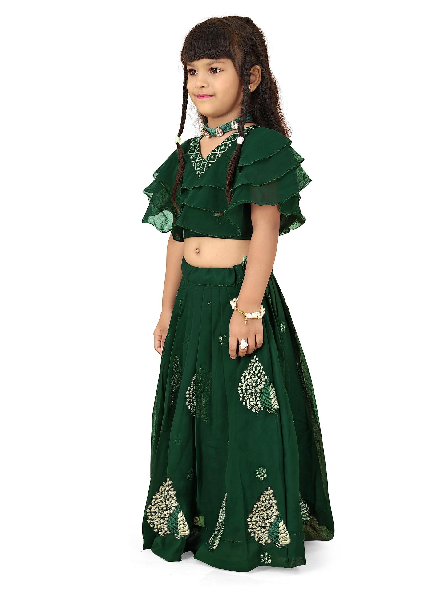 Tejam Kid's Girls Georgette Traditional Kids Lehenga Choli for Celebrations Colorful Ethnic Kids Lehenga Choli Set (6-7 Years, Green)