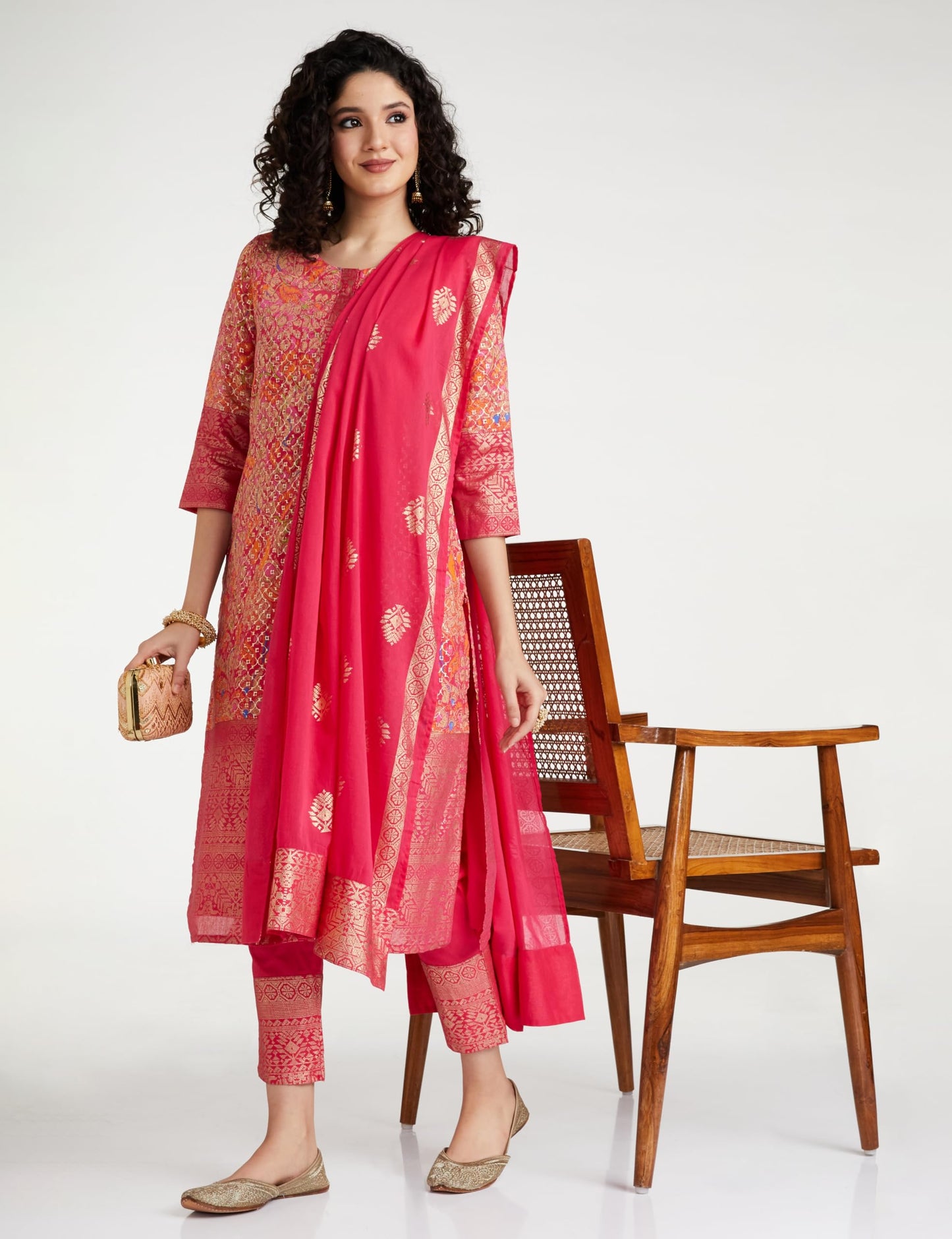 BIBA Polyester Women's Printed Straight Salwar Kurta Dupatta(Skdassorted7566E_Fuchsia_34)