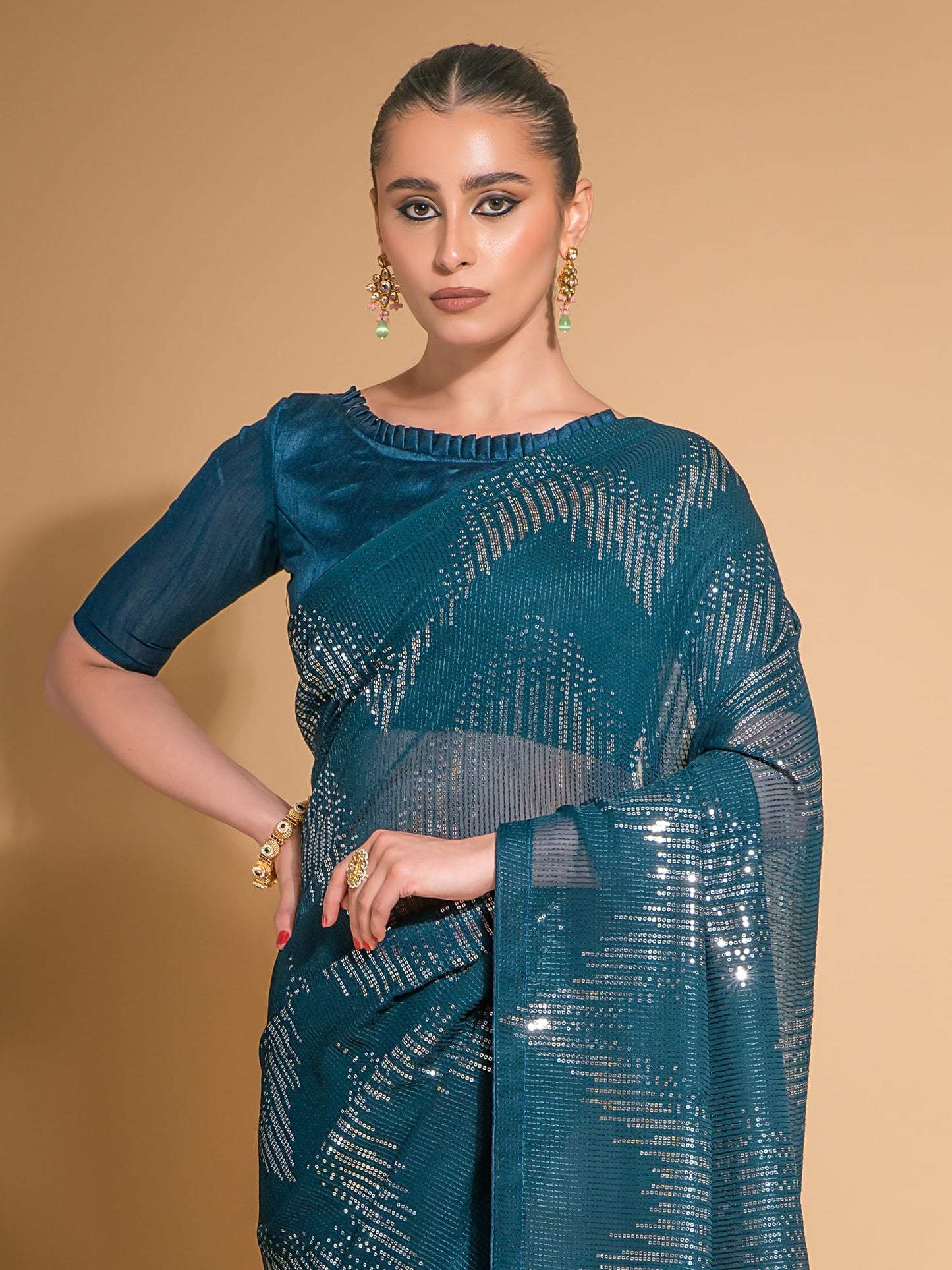 AKHILAM Women's Georgette Teal blue Embellished Designer Saree With Blouse Piece (FNCSQUNC229_VP)