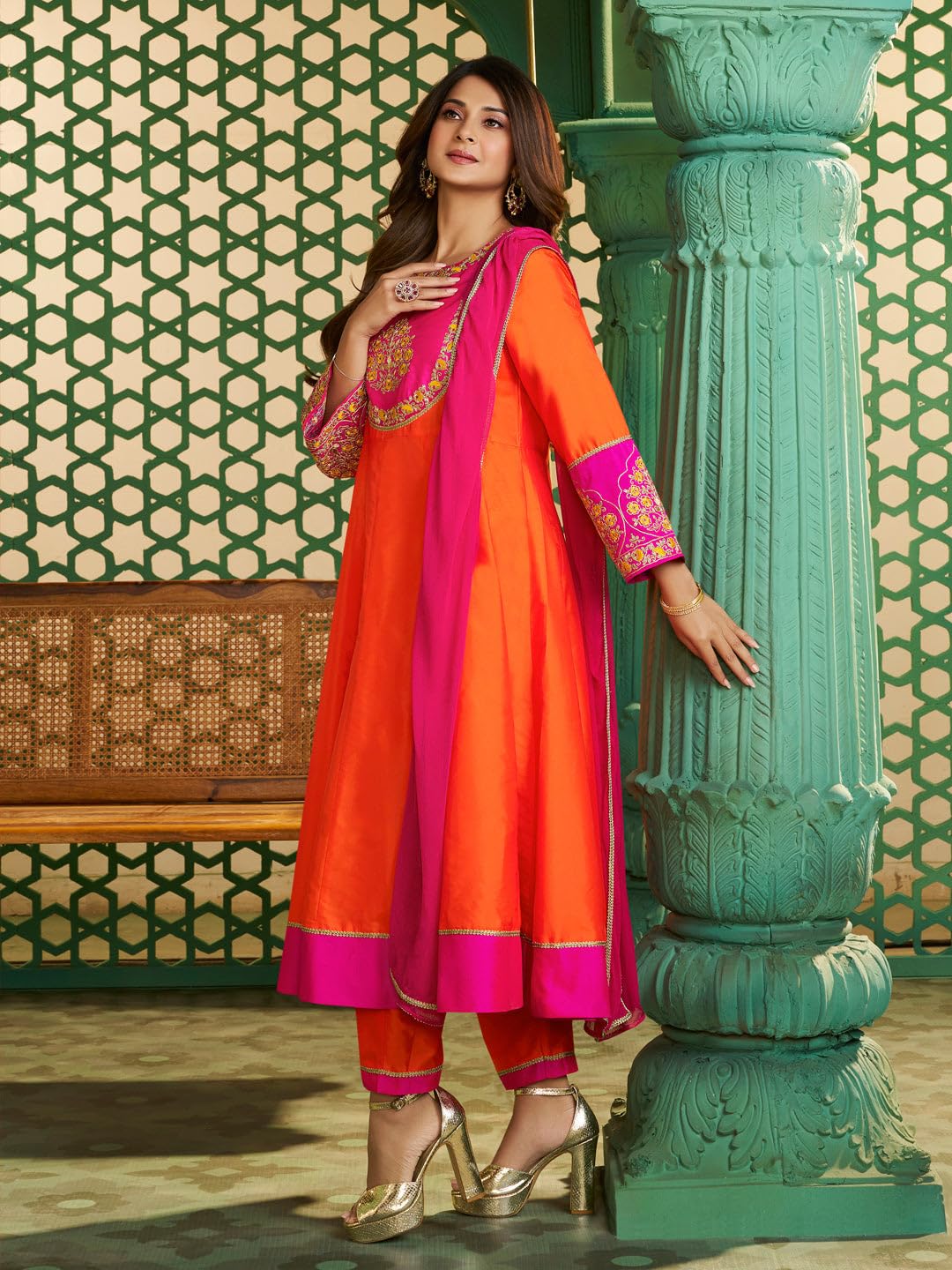 VARNI FABRICS: A lady's First Love Women's Orange & Pink Chanderi Cotton Anarkali Kurta Set With Embroidered Yoke, Dupatta, Ethnic Wear (IN, Alpha, XL, Regular)