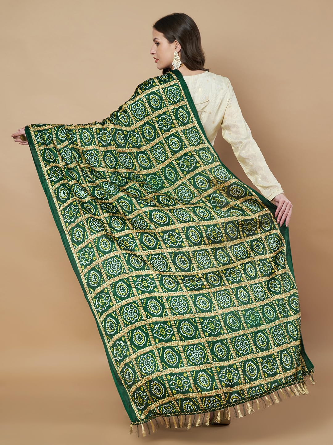 AKSHADEEP Women's Bandhani & Patola Printed Dupatta - Traditional Art Silk Dupattas Chunnis (Green), 2.20 Meters