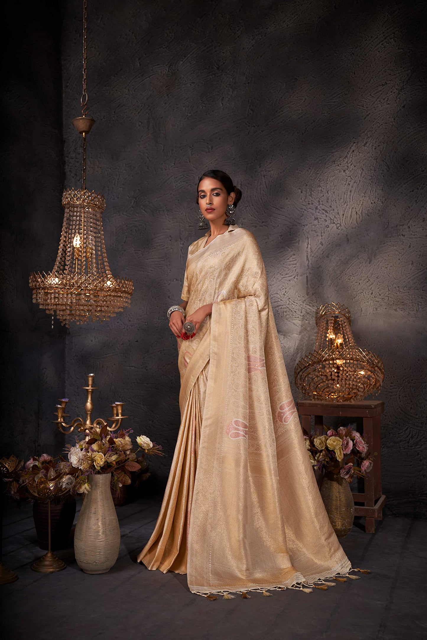 Vardha Women's Kanchipuram Art Silk Saree with Unstitched Blouse Piece - Gold Copper Silver Zari Woven Work Sarees for Wedding (Ayana Silk_535)