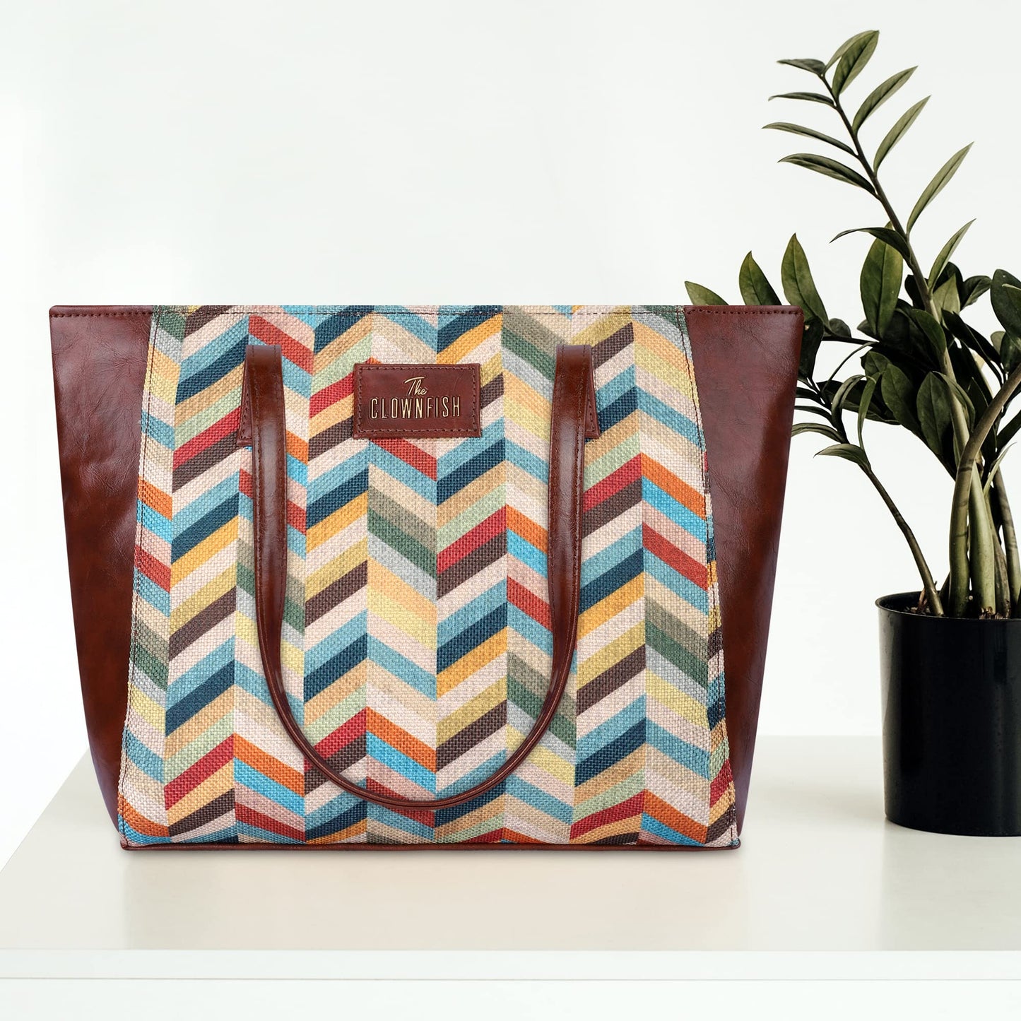 THE CLOWNFISH Valentine Printed Handicraft Fabric & Faux Leather Handbag for Women Office Bag Ladies Shoulder Bag Tote for Women College Girls (Multicolour-Wave Design)