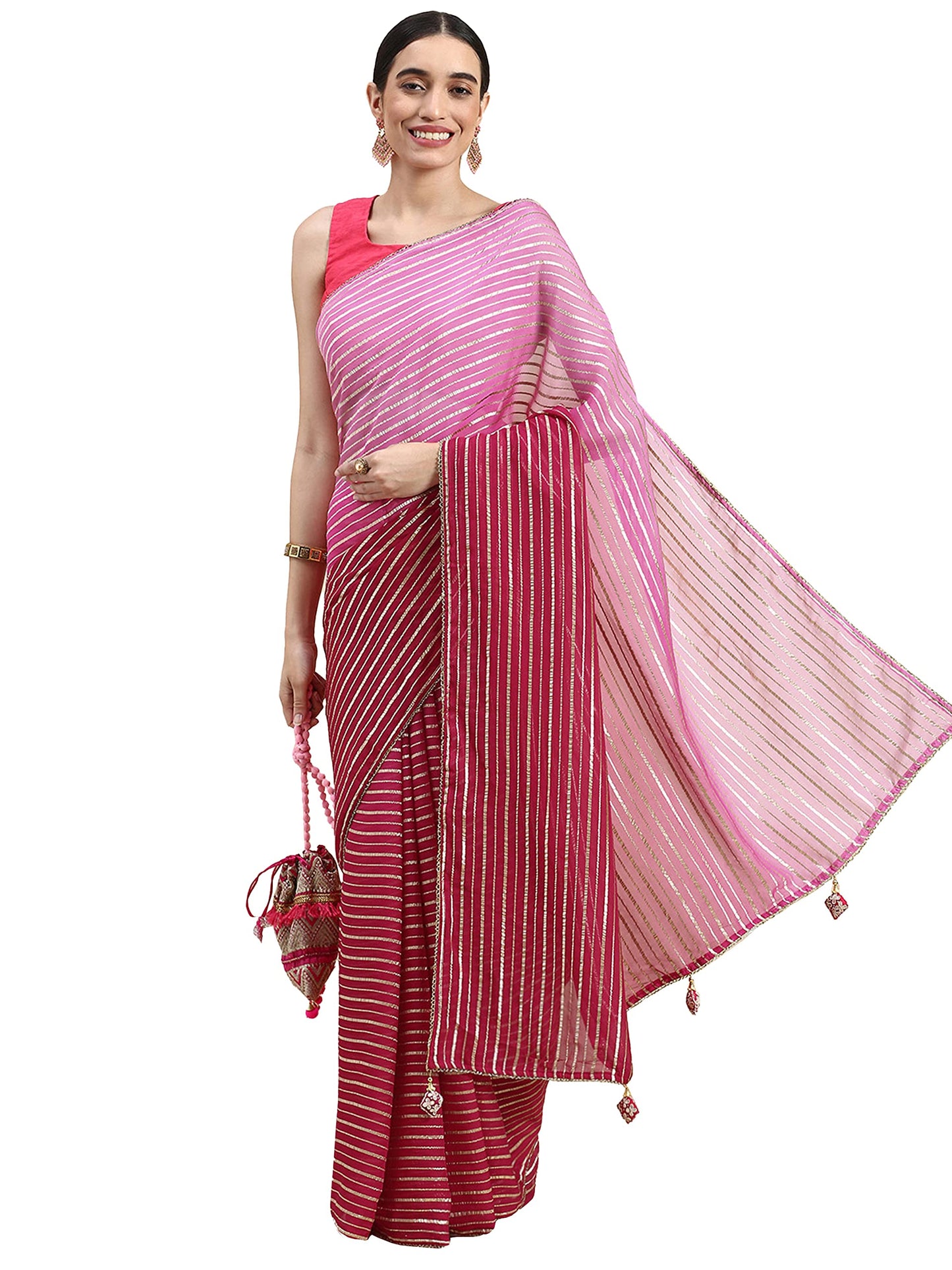 MOHEY Saree, All Over Jaal, Bordered Saree with Blouse Piece Georgette Weaved Saree (Pink)