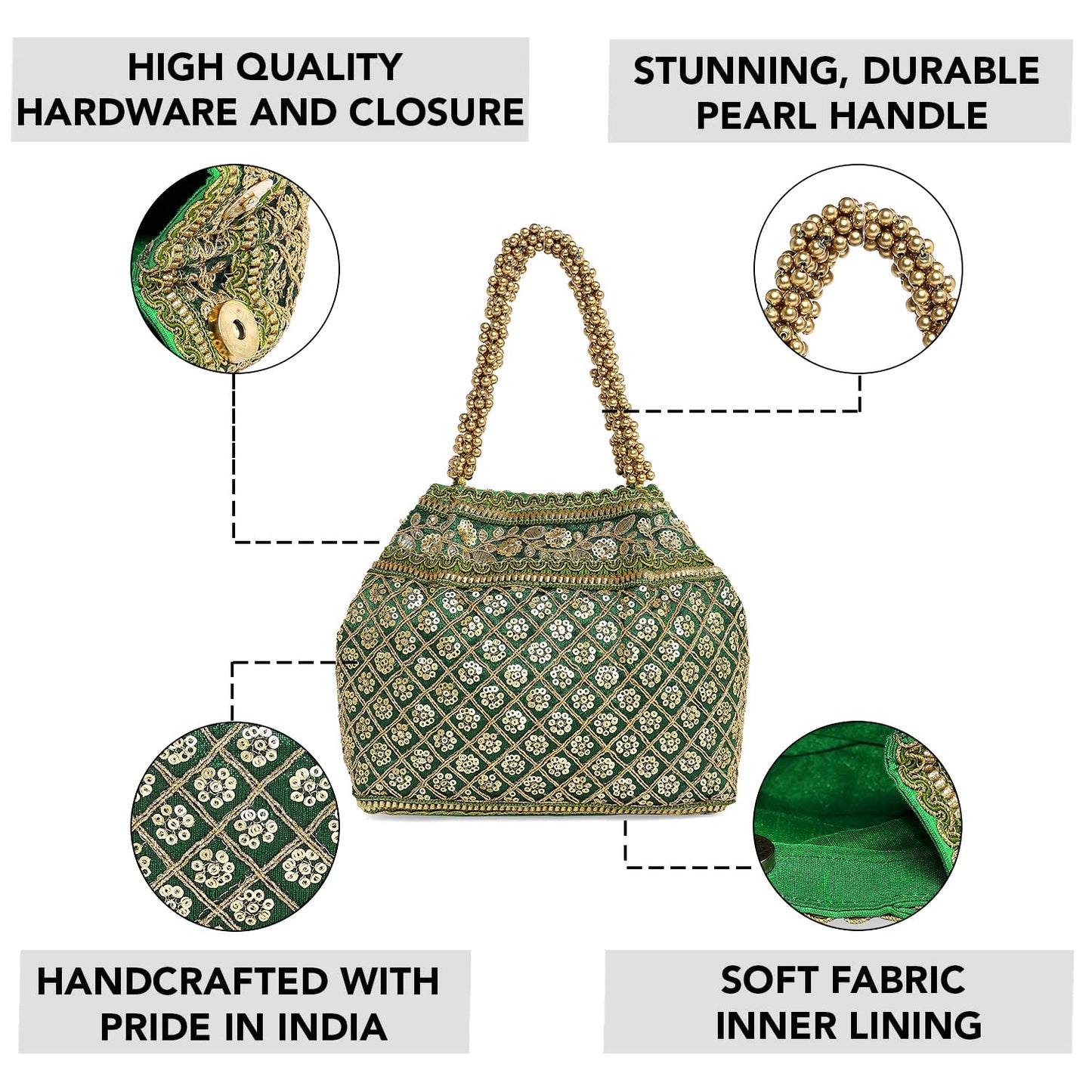 Peora Cream & Green Potli Combo Handbags Gift for Women