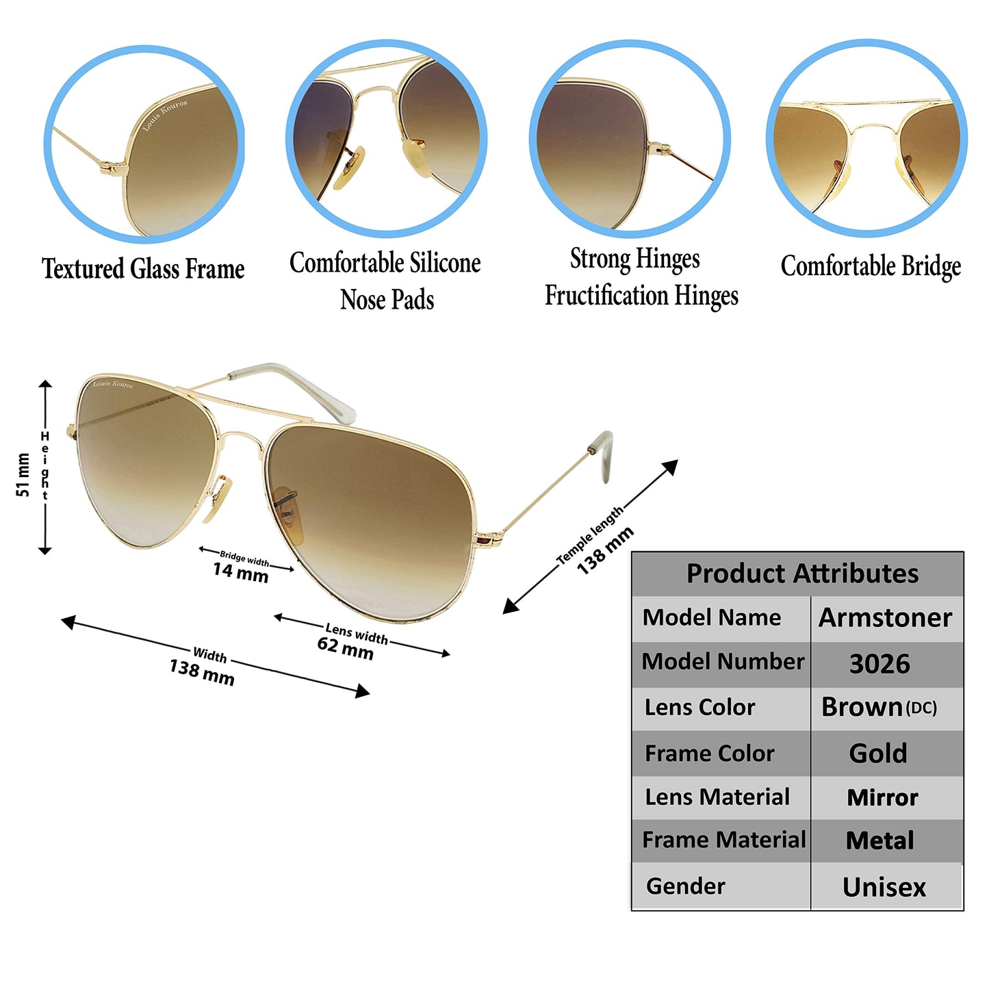 Louis Kouros Armstoner Aviator Classic 3026 sunglasses | Gold Frame | Brown Gradient Lens | Mirror Lens | 400 UV Protection | Medium