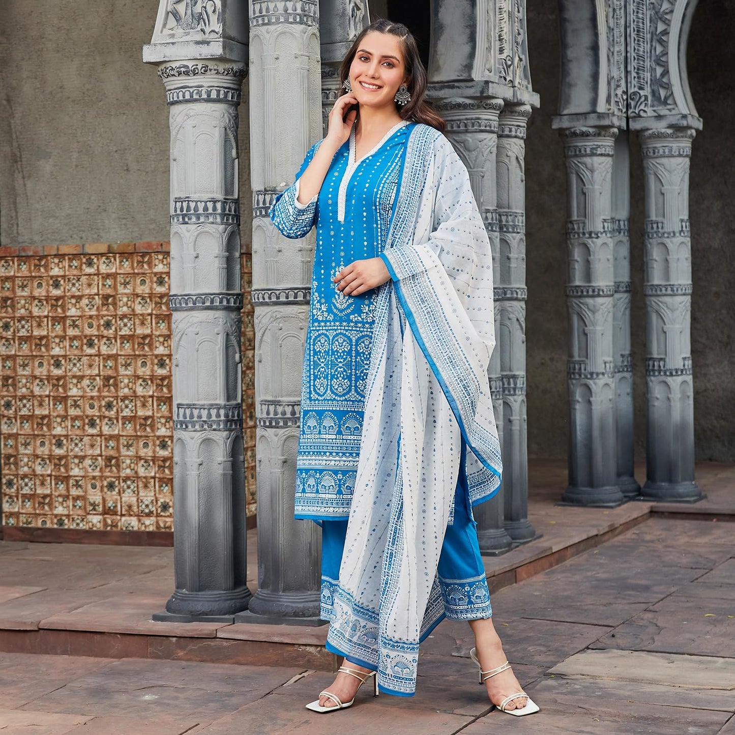 BIBA Women Cotton Straight Printed Suit Set (SKDSHWETSAGA9572SS24BLU_Blue