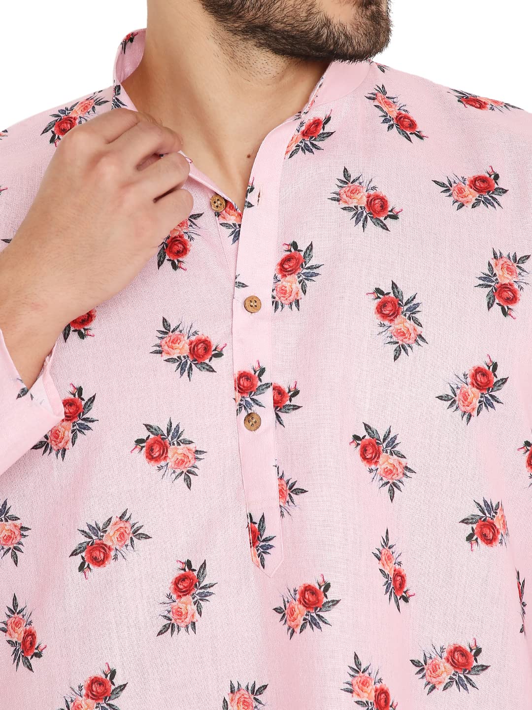LUCKWIN Linen Regular Fit, Mandarin Collar, Floral Print Kurta Pajama Set in Pink for Men [LWKP162-42-2023]