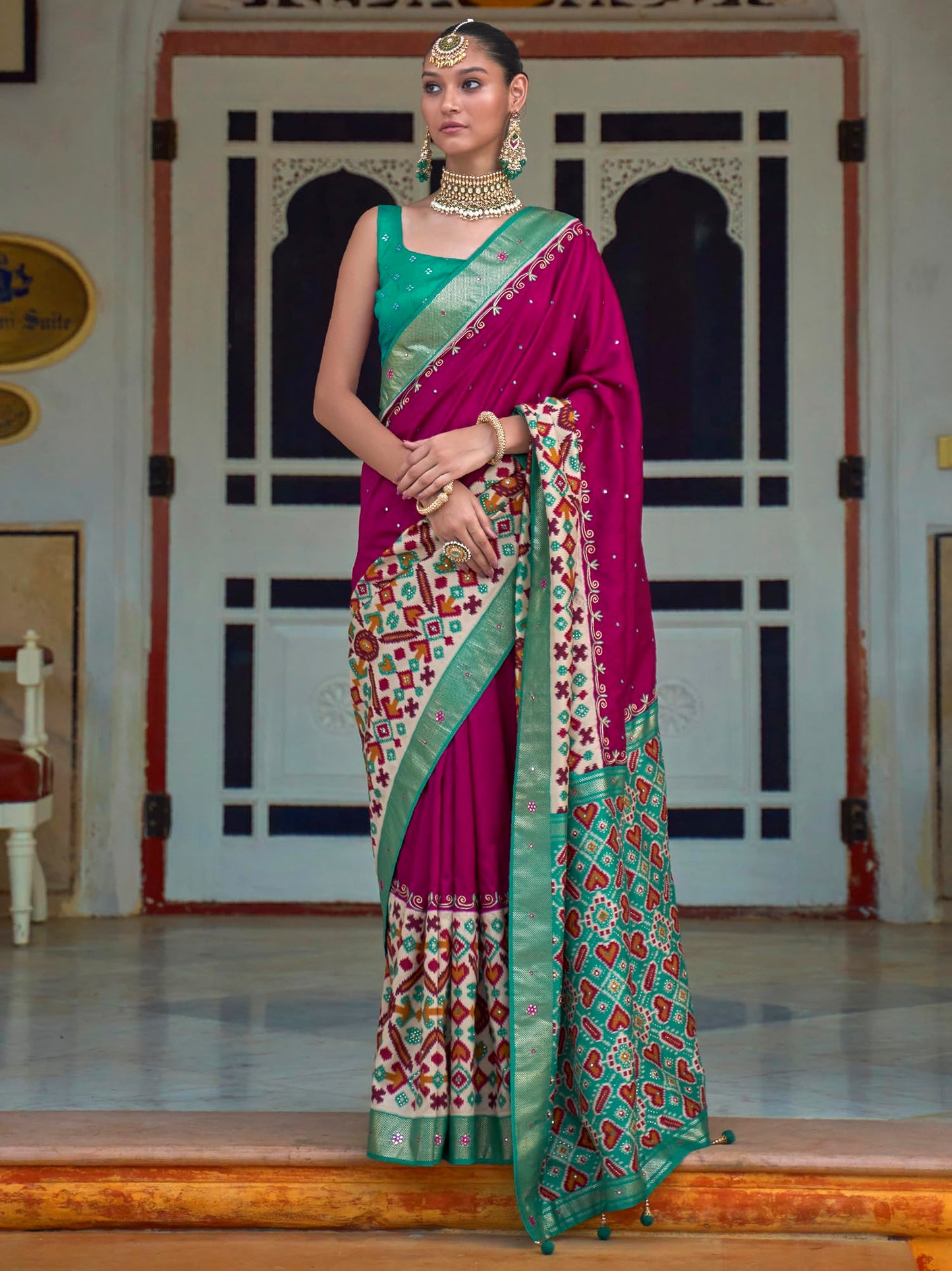 SAREE MALL Women's Ikat Printed Mirror Work Cotton Silk Saree With Unstiched Blouse Piece (Magenta_AARIP497_RW)