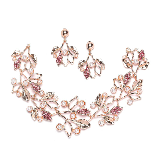 ZENEME Oxidised Silver-Plated Cubic Zirconia & White Pearls Studded Leaf Shaped Necklace With Earrings Jewellery Set For Girls and Women (Rose Gold pink)