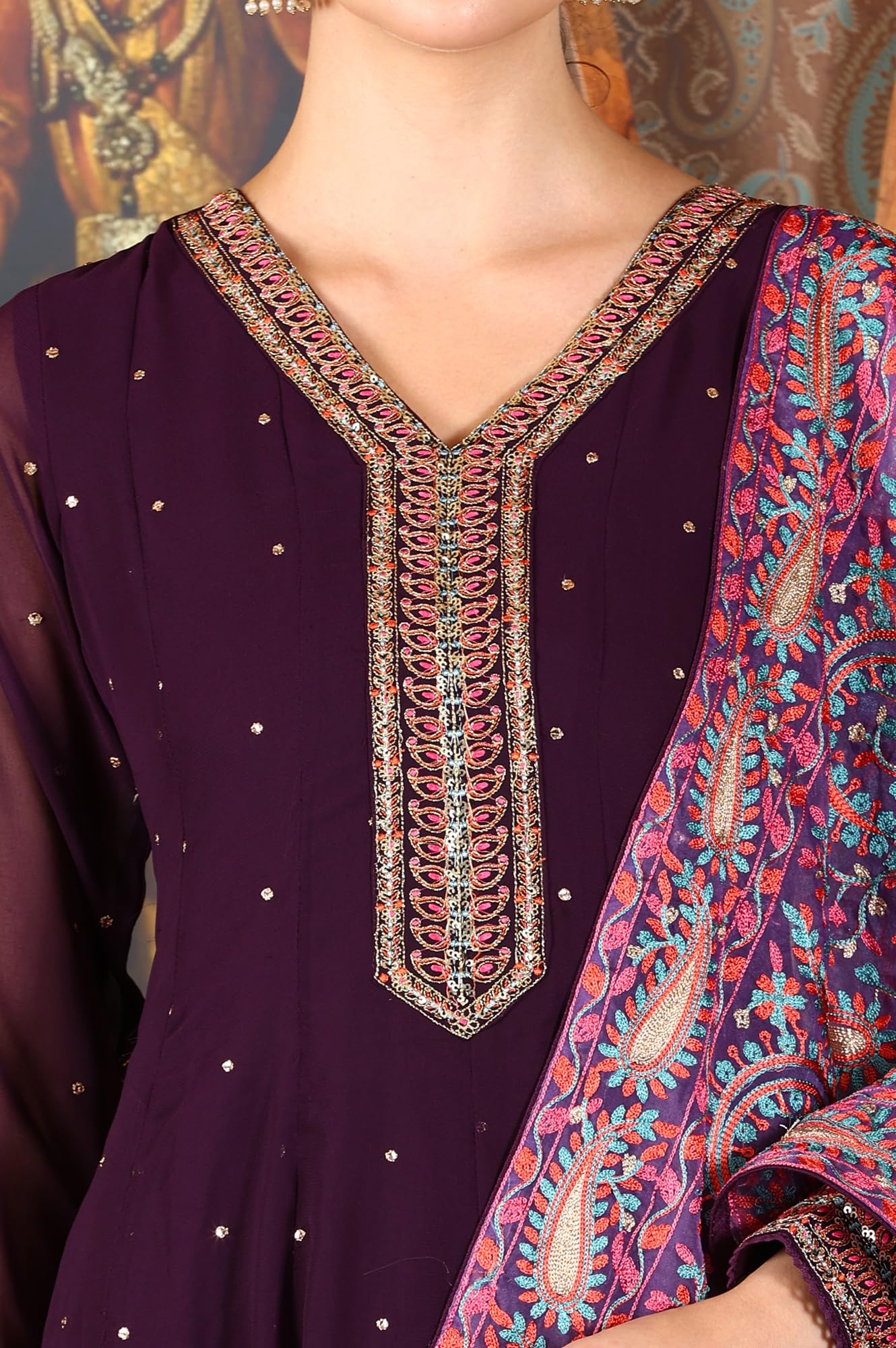 W for Woman Wishful Purple Thread Embroidered Georgette Anarkali Kurta, Churidar and Dupatta Set (Size: XL)-24AUSP10922-400556