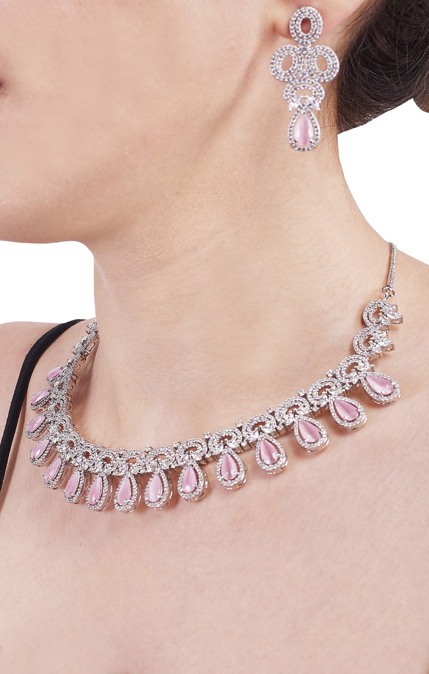 Ratnavali Jewels Brass Silver Plated Designer Pink White Cubic Zirconia Heavy Bridal Necklace & Earrings Set for Women & Girls RV4077P