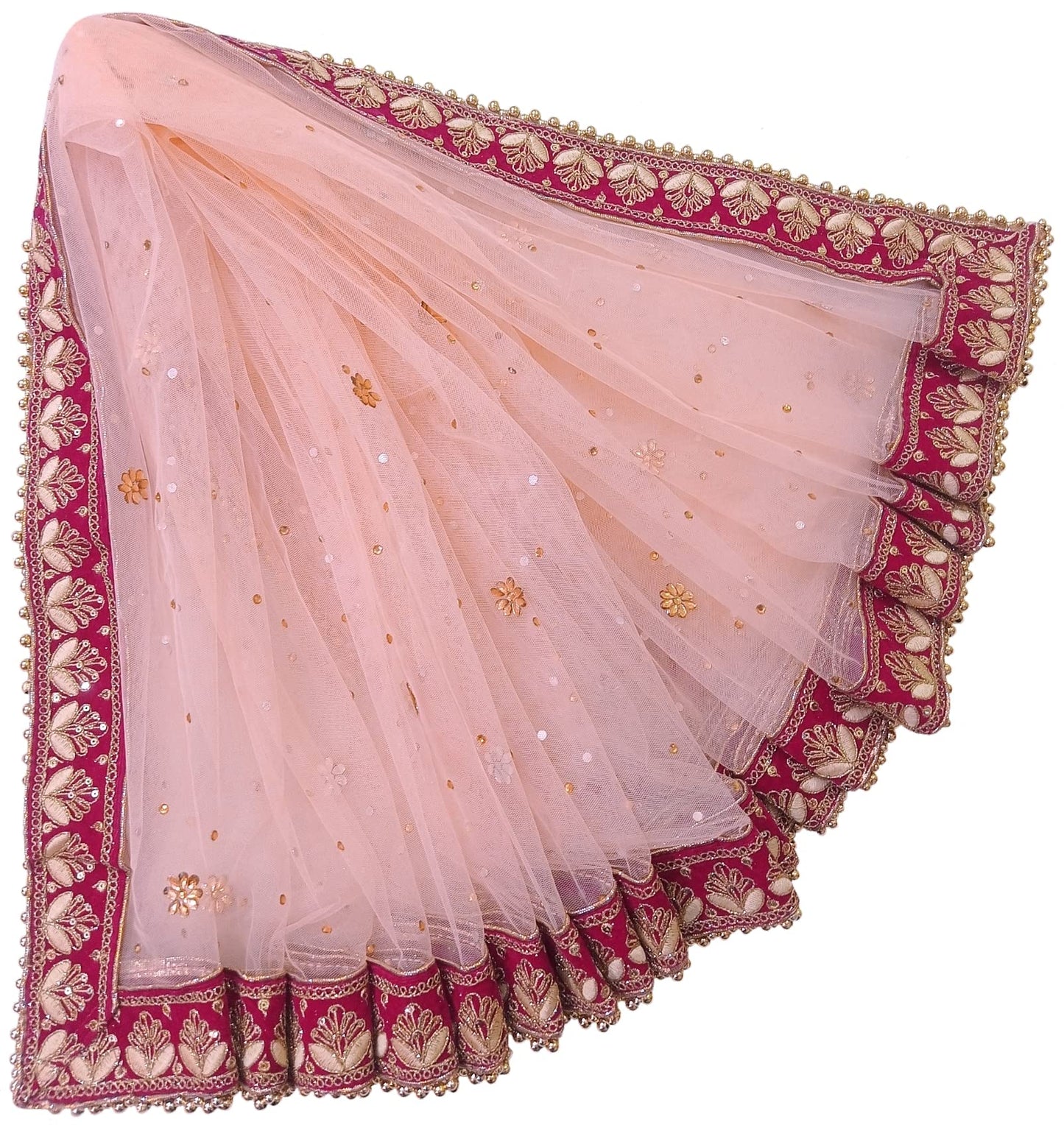 Navti Creations Wedding Bridal Women's Peach Net Dupatta With Pink (magenta) Resham Embroidery Border (Full Stone work, Length -2.25m, Border Width -5.5cm, 4side moti lace) (Peach-Pink)
