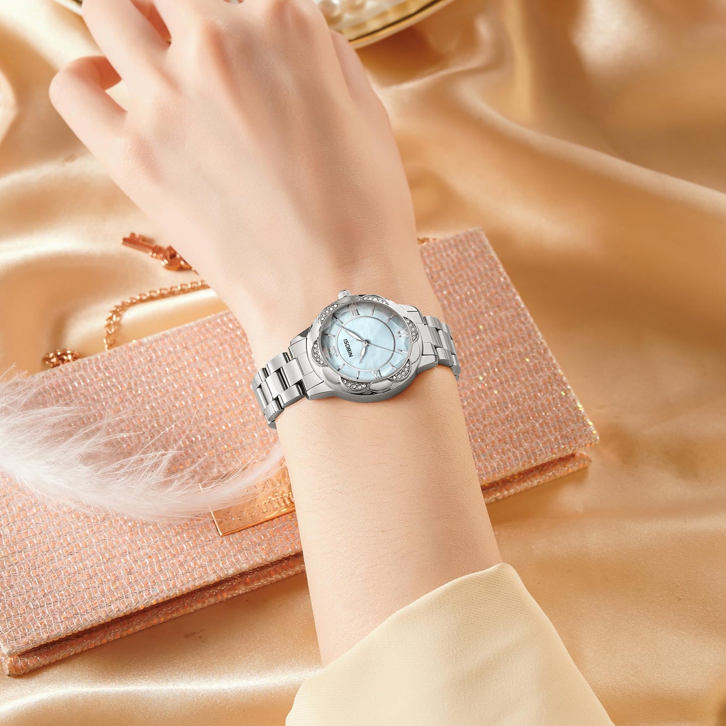 NIBOSI Watches for Woman Analog Quartz Rose Gold Fashion Luxury Ladies Wrist Watch Diamond Stylish Elegant Watches Waterproof (Silver Blue)