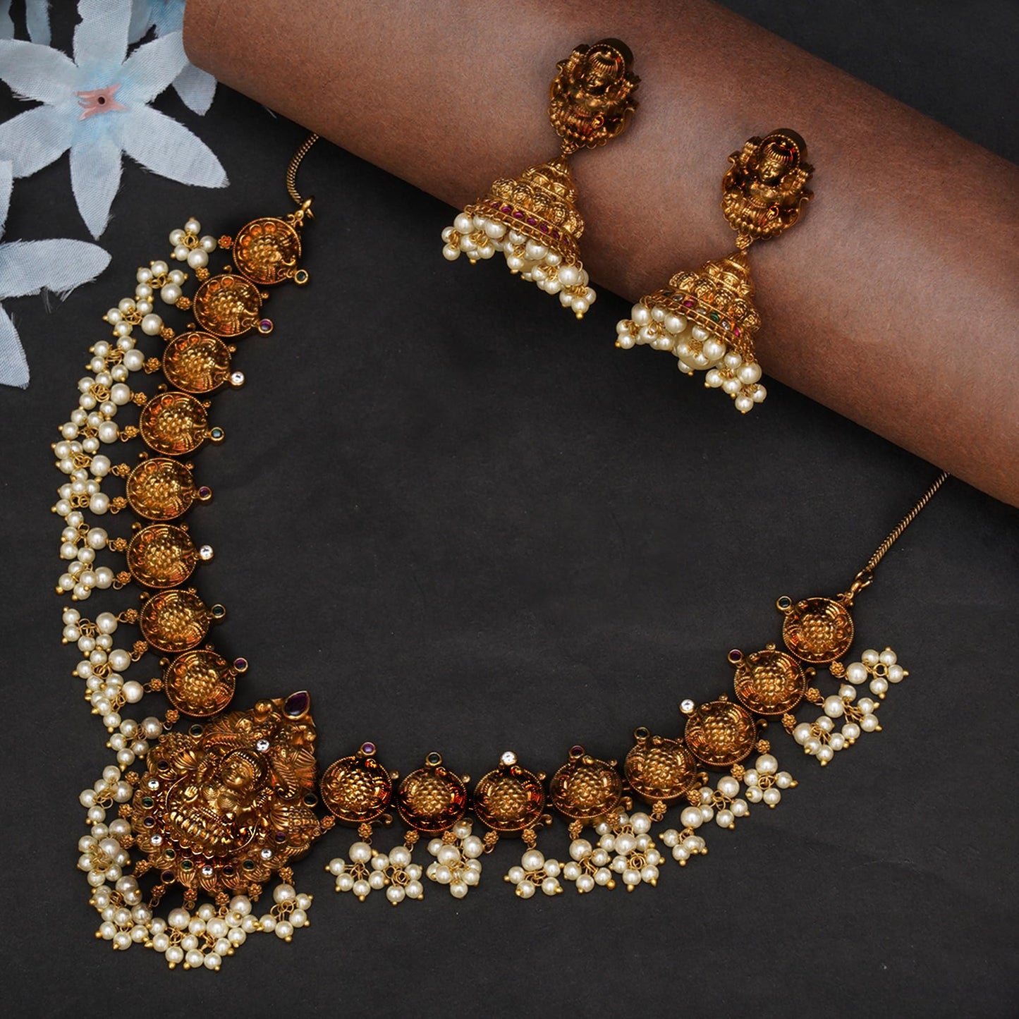 VOYLLA Gold Opulence Gold Plated Goddess Lakshmi Motifs Faux Pearls Lavish Jewellery Set For Women|Womens Jewellery Set|Gift For Women|Womens Gift|Gift For Her|