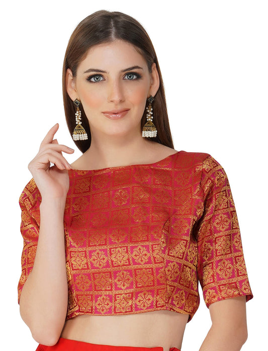 Fressia Fabrics Women's Ikkat Pattern Jacquard Boat Neck Readymade Blouse for Women (38, Persian red)
