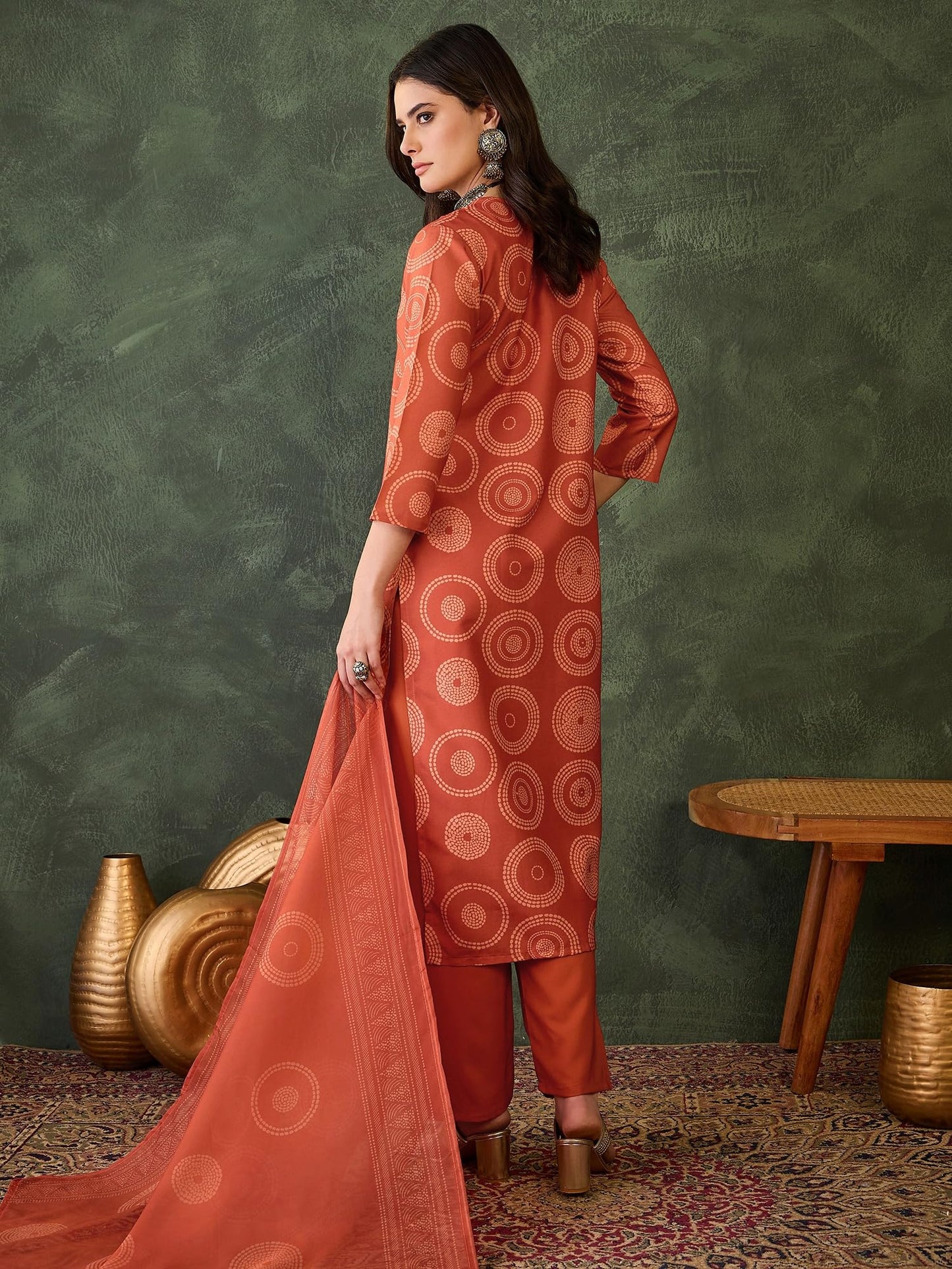 VARNI FABRIC Rayon Kurta Set for Women | Full Sleeves Embroidered Straight Kurta with Pant & Dupatta | Festive Wedding Ethnic Wear | Perfect for Office Summer | Orange | 2XL