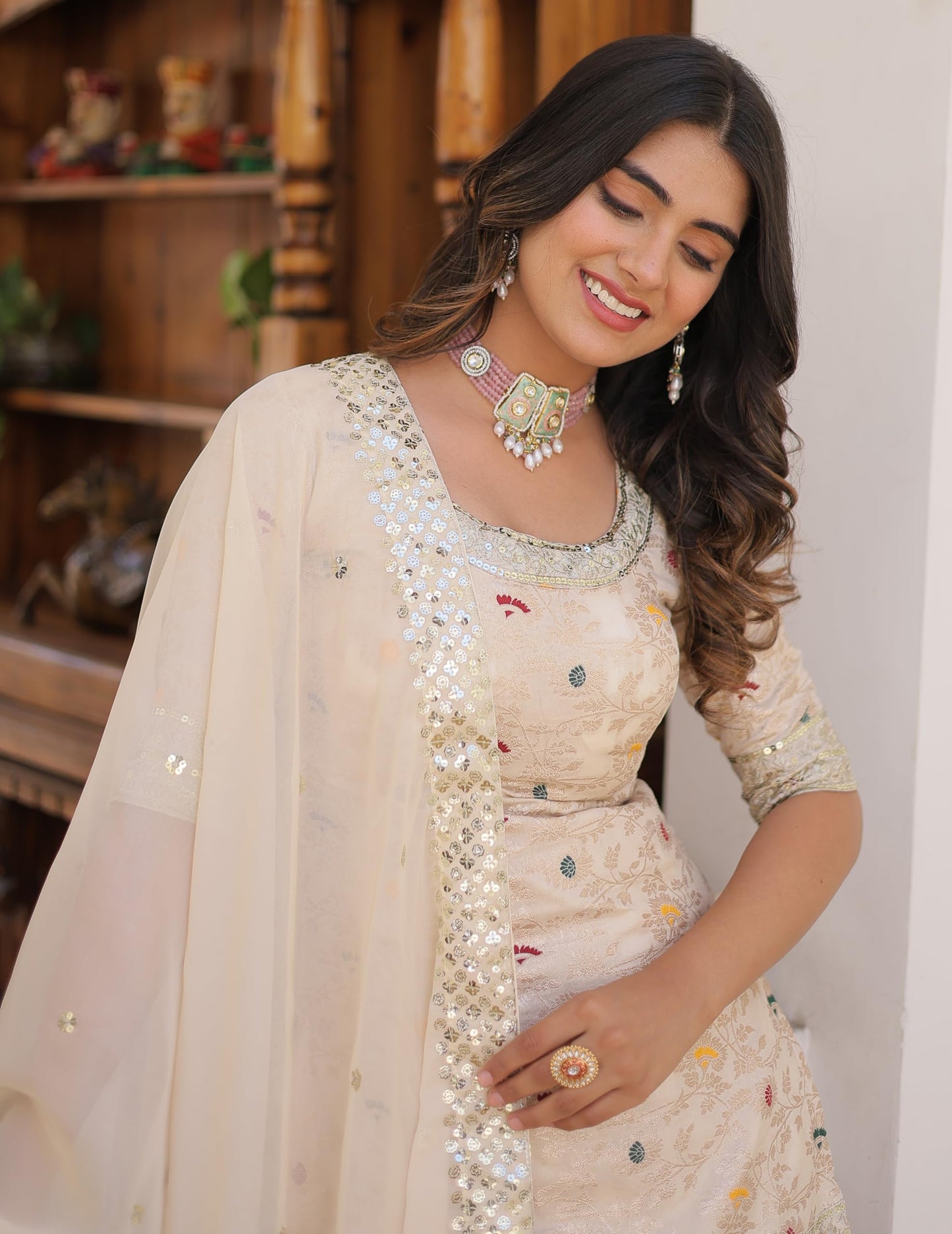 Fashion Basket Women's White Georgette Anarkali Kurta Set with Duptta for Women (White, XXL)