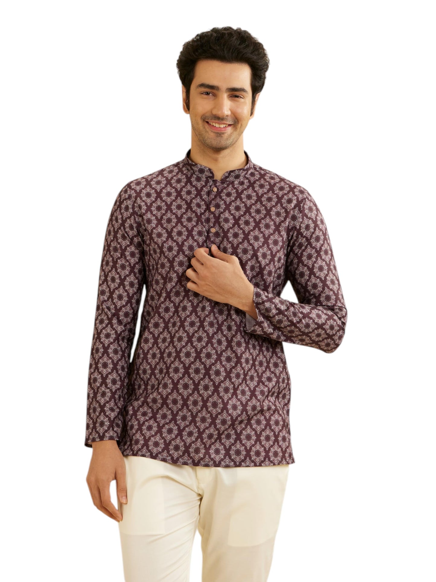 Manyavar Men's Cotton Digital Print Short Kurta (Wine,L)