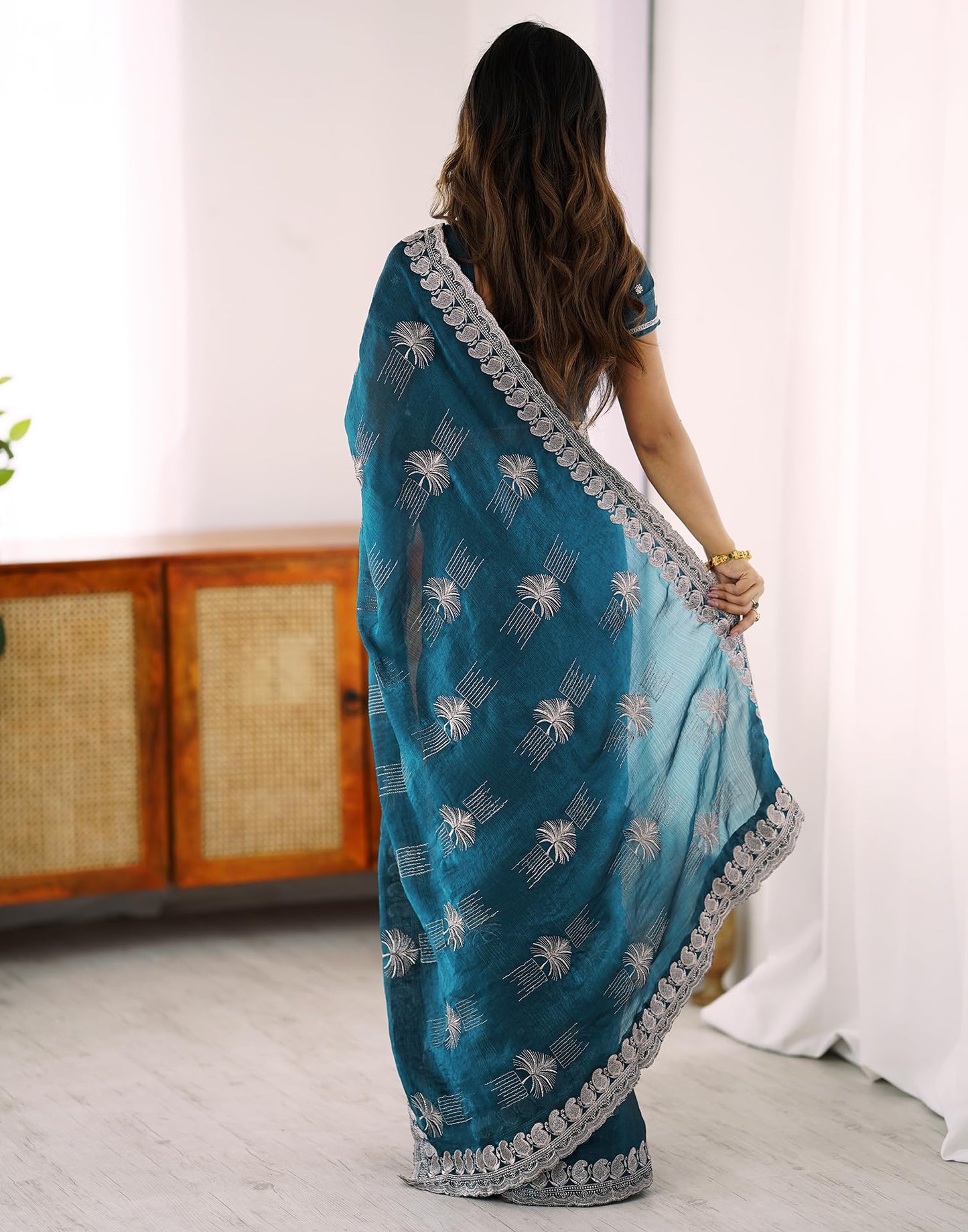 SIRIL Women's Simmer Chiffon Embroidery Saree With Unstitched Blouse Piece (4488S232_Teal Blue)