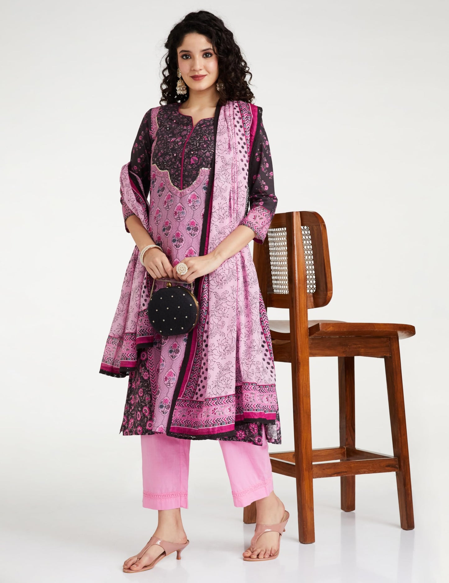 BIBA Cotton Women Printed Straight Salwar Kurta Dupatta(Skdassorted7477E_Black_34)