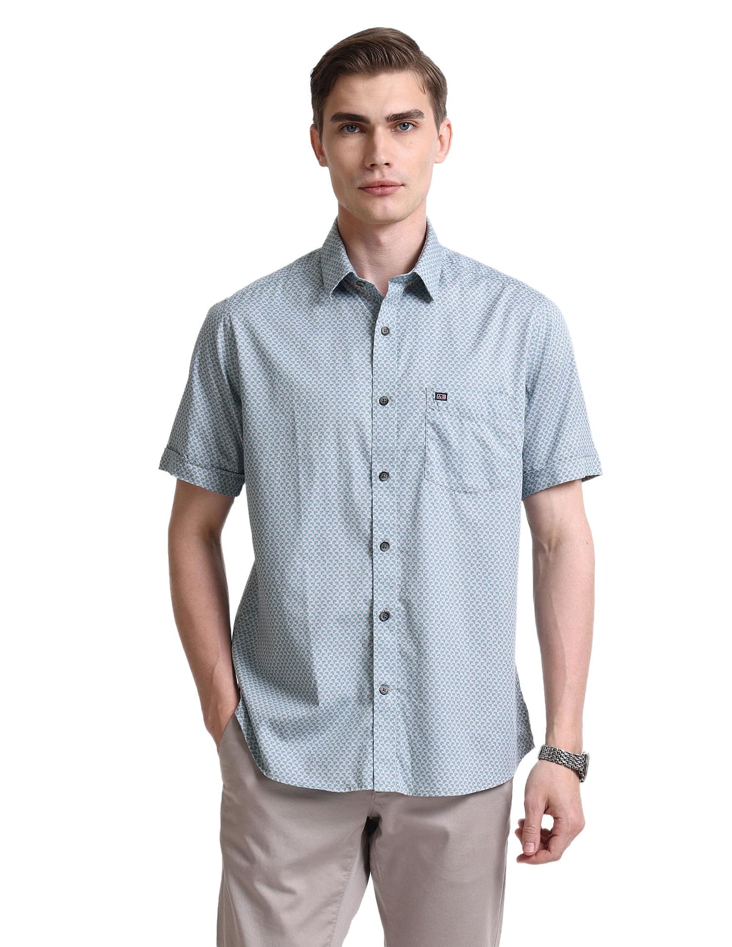 Arrow Men Cotton Geometric Regular Fit Shirt (ASAISH1644_Teal, 42)