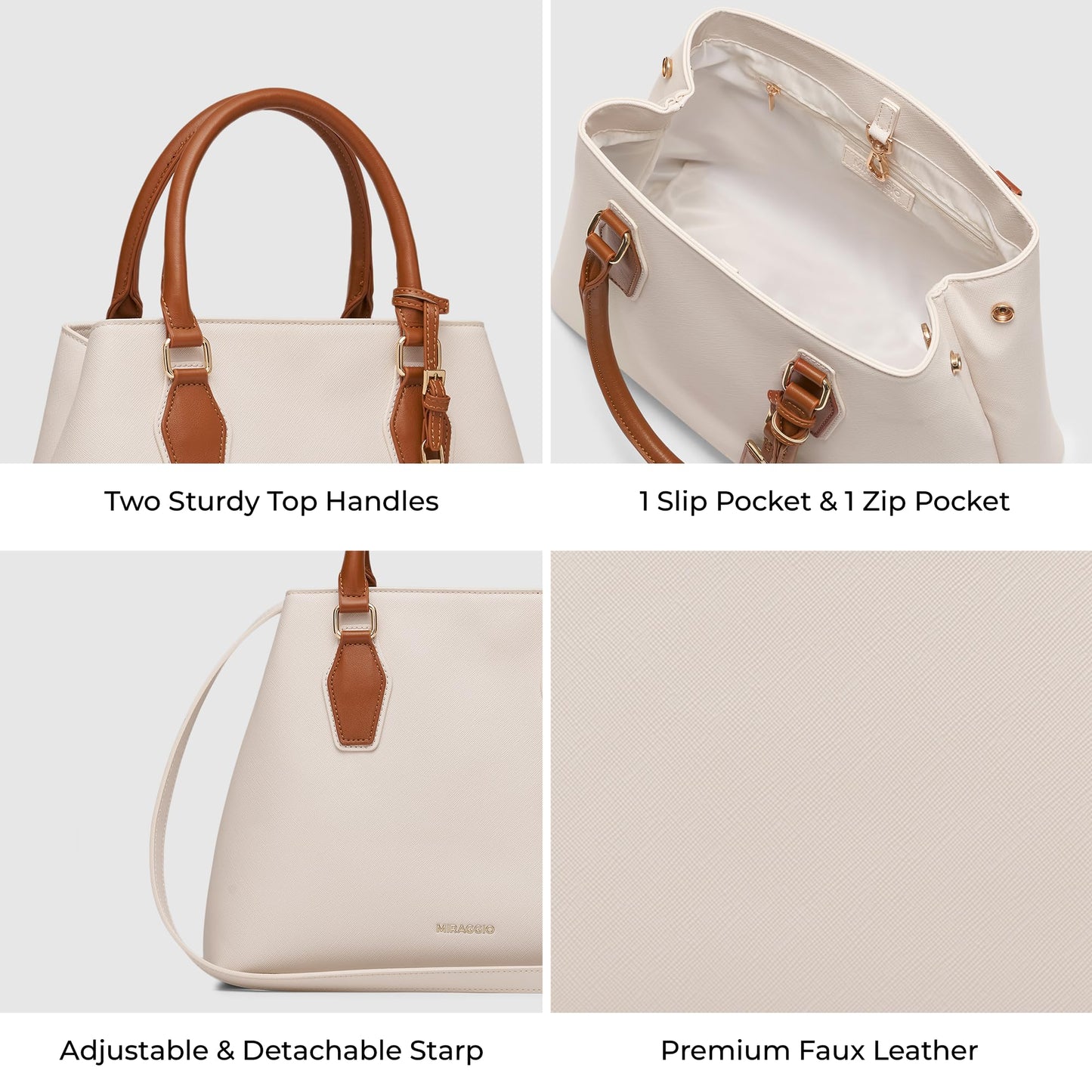 Miraggio Olivia Solid Handbag for Women with Adjustable & Detachable Sling/Crossbody Strap (Ivory)