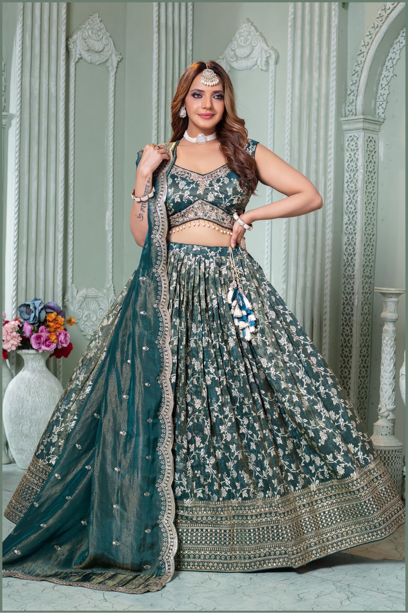 ADHIA Women's Embroidered Lehenga Choli with Dupatta | Silk Blend Wedding Lehenga Set | Traditional Indian Dress (Lehenga, Dupatta, Blouse, Teal Blue, Size - L)