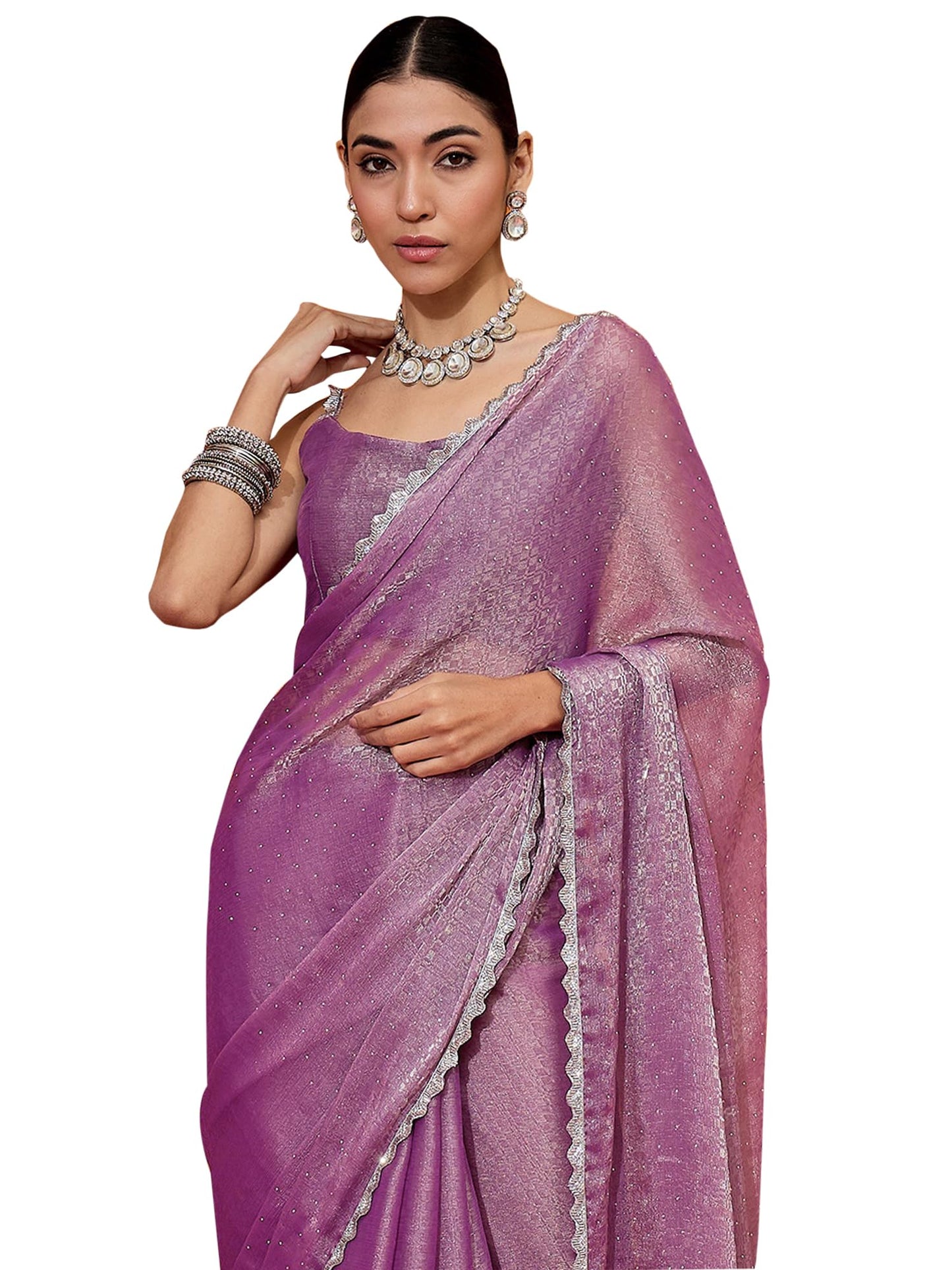 AKHILAM Women's Organza Paisley Embellished Saree With Unstitched Blouse Piece(Mauve_BRYZRKAN1002_SL)