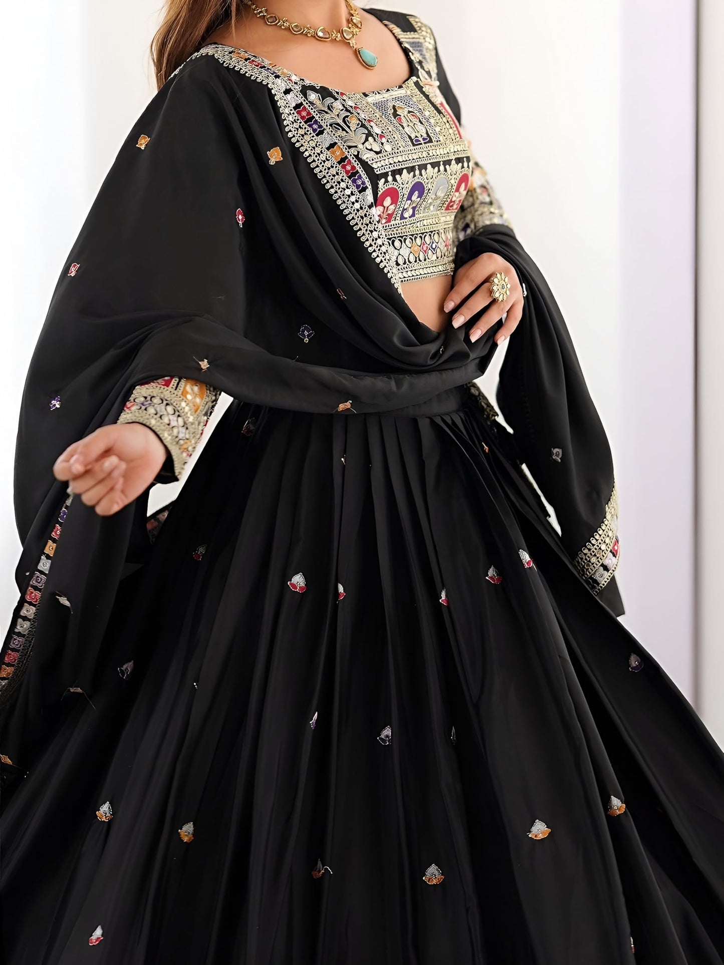 Zeel Clothing Women's Sequins Thread Embroidered French Crepe Lehenga Choli With Dupatta (5118-Black-Women-Lehenga-Choli-Latest; Free size) (Black)