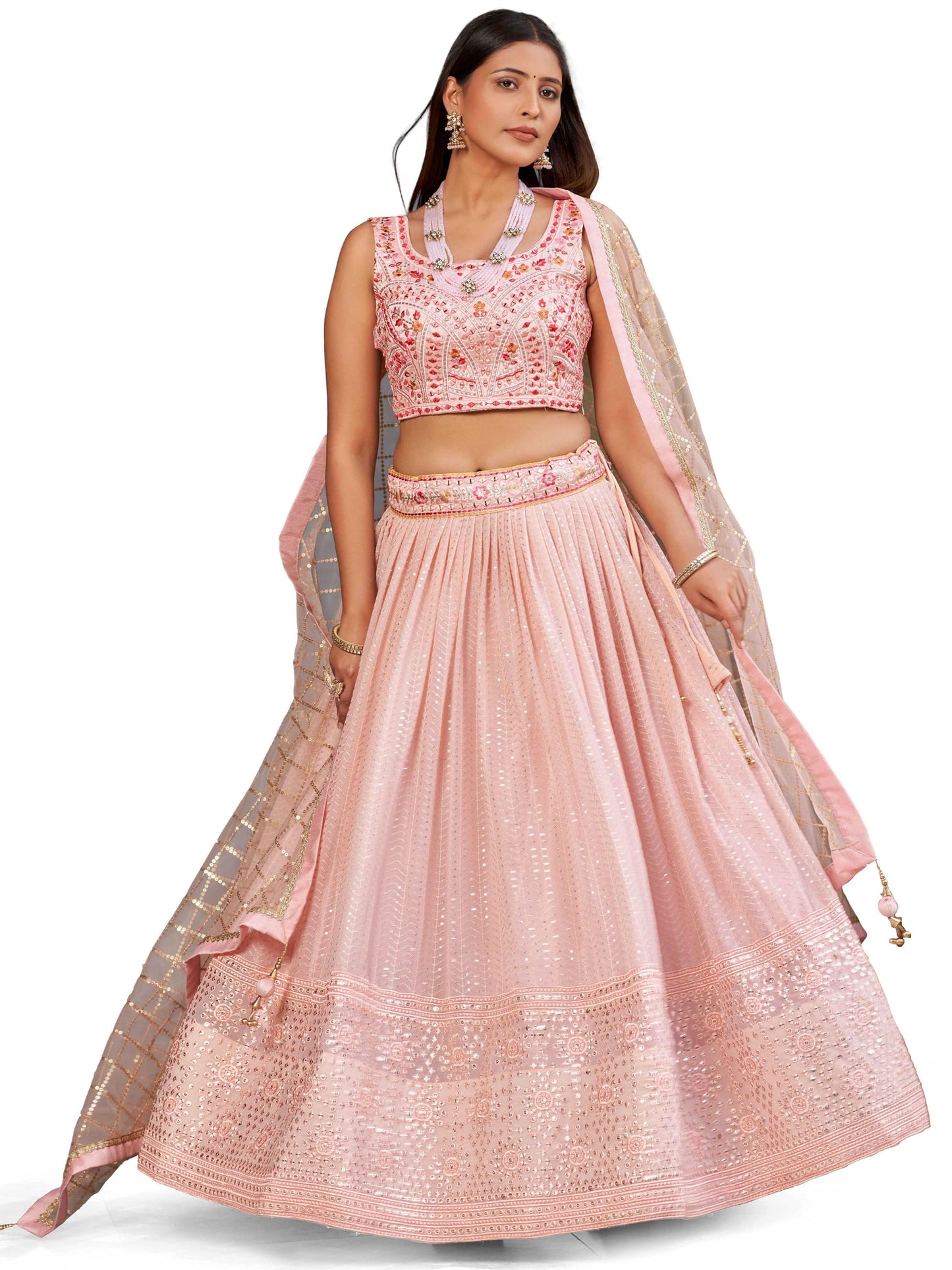 Zeel Clothing Women's Sequins Mirror Work Georgette Semi Stitched Lehenga Choli With Dupatta (5083-Peach-Wedding-Stylish-New; Free Size)