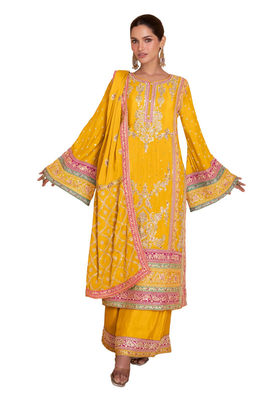 Miss Ethnik Women Chinon Stitched Top with Bottom and Chinon Dupatta Full Sleeve Embroidered Straight Kurta Set(ME-1140-Yellow-4XL)